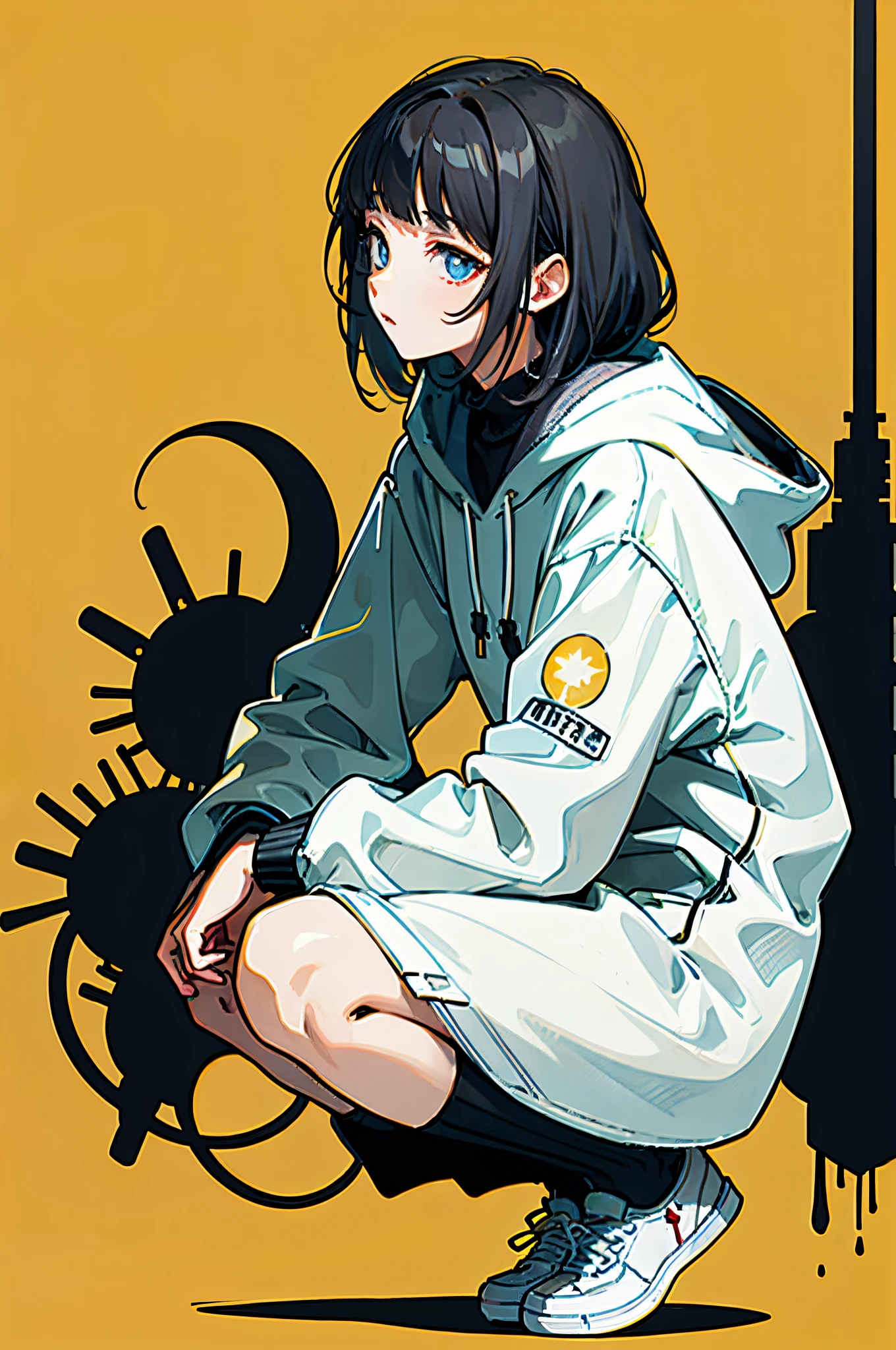 ((plain yellow background)), A beautiful illustration depicting a scene of black hair squatting in a park、Include a representation of hair showing part of gray hair。Panchira、Casual style、Oversized hoodies、white shoe、air force one、ink