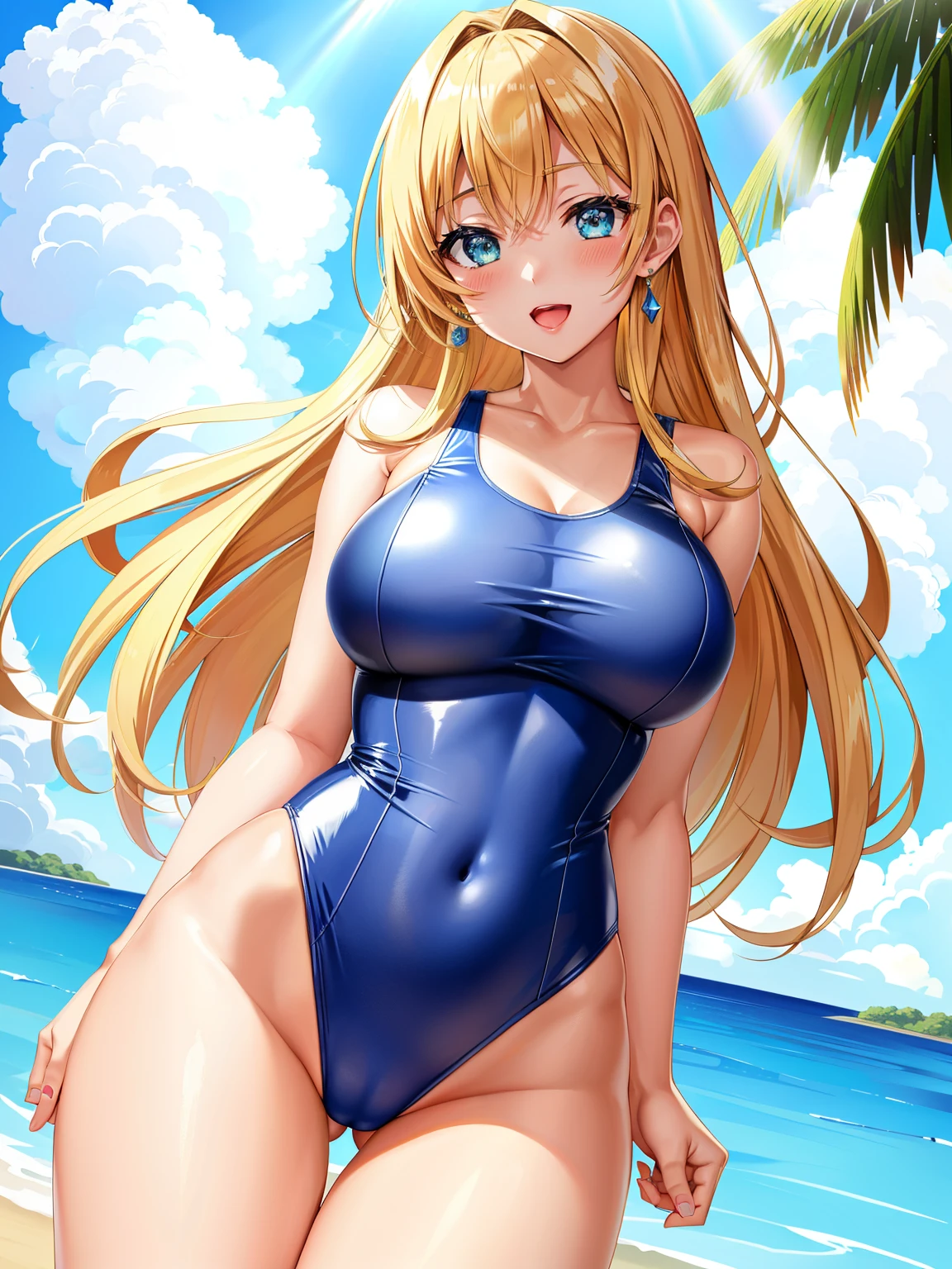 an anime girl、Mature girls、beautiful a girl、Cute s、middle school girl、solo、girl wearing a swimsuit、very long blonde girl、rating:safe、onepiece swimsuit、 Anime girl wearing a tank suit with light blue and yellow edges、 High-leg racing swimwear with light blue and yellow edges、Two-tone high-leg racing swimsuit、huge tit、Woman with very large breasts、garments:High-cut swimwear、shiny、Green-eyed girl、shiny_clothes、grey_background、Swimsuit for swimming competitions、girl with half up hair、open_mouth、Muscular girl、shiny_skin、covered_navel、cowboy_shot、smile、thigh_gap、shiny_hair、Competitive swimsuit、High Leg Racing Swimwear、looking_at_viewer、;d、simple_background、collarbone、Flyback、blush、Anime girl standing、Muscular and strong body、Divide non-protruding, thick musculature and thick thighs、earrings、Bare shoulders、bare legs、Bare arms、The best girls in anime、artwork in the style of guweiz、Detailed Digital Anime Art、perfectly shaded body、realistic anime 3 d style、beautiful attractive anime girl、realistic anime art style、realistic shaded perfect body、