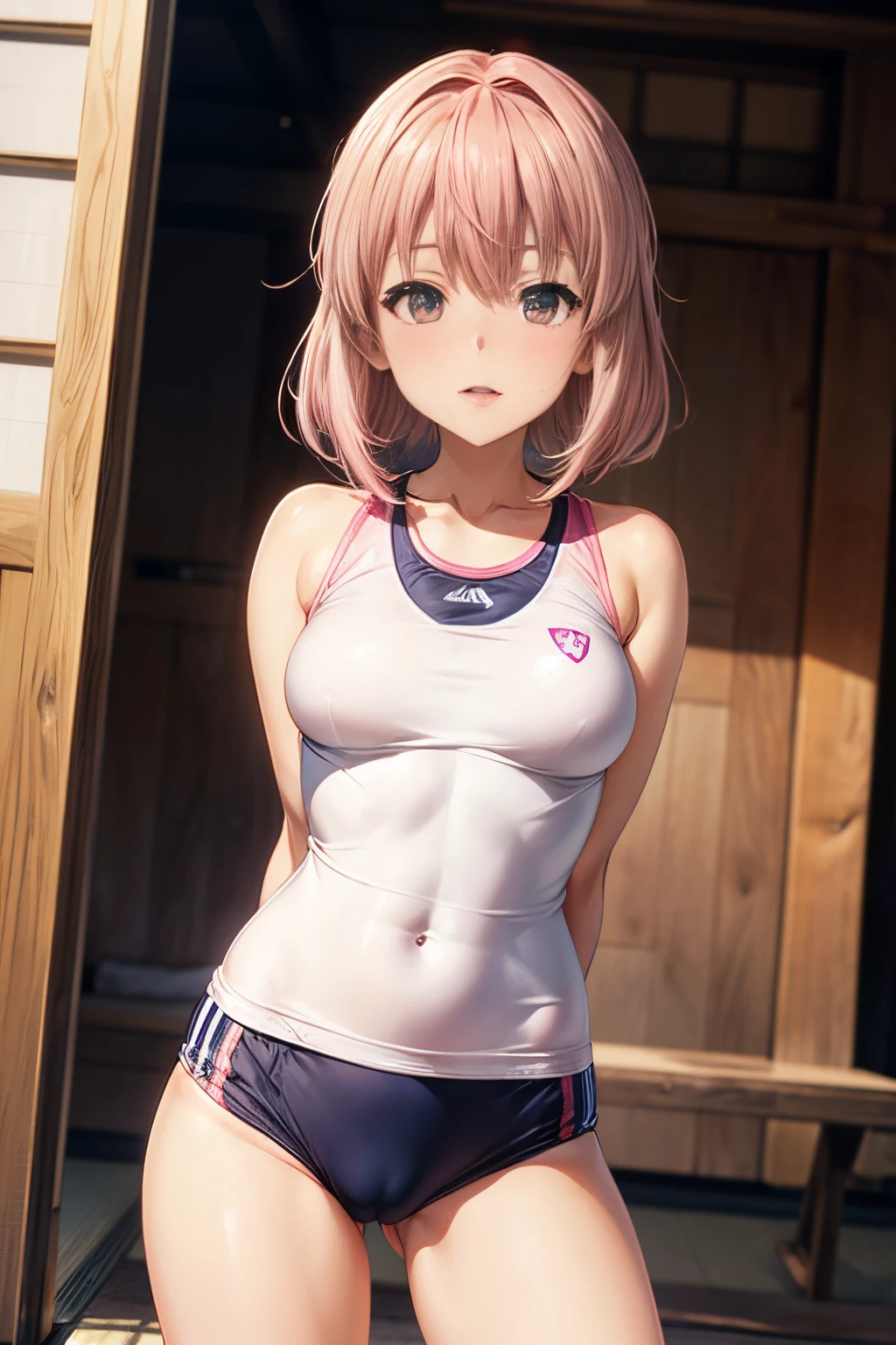 ((Anatomically correct hand:1.5)), Anime, Sexy, ((In Kyoto Animation Style:1.5)), super precision, masterpiece, very extremely beautiful, Princess Face, ((1人の女性)), ((Solo:1.5)), ((Pink hair:1.5)), ((BobKat 1.5)), BREAK, ((Black eyes)), short-cut, ((Straight hair)), BREAK, Full limbs,((complete fingers:1.5)), NSFW, ((sports wear:1.5)), BREAK, ((Skindentation)), Professional Lighting, (25-years old), Narrow waist, Shiny skin (Brown skin), ((Oiled skin)), glistning skin, Looking at Viewer, Cowboy Shot, ((Dynamic Pose:1.5)), Looking at the camera, inside in room, A slight smil, Slightly open mouth, ((Cute)), ((squatt)), ((Arms behind your back:1.5)), Ultra-fine eyes, Ultra-fine face, ((thin lips:1.5)), ((drooping eyes)), A slight smil, ((portlate:1.5)), faces, Looking at the camera, large boob, frombelow,
