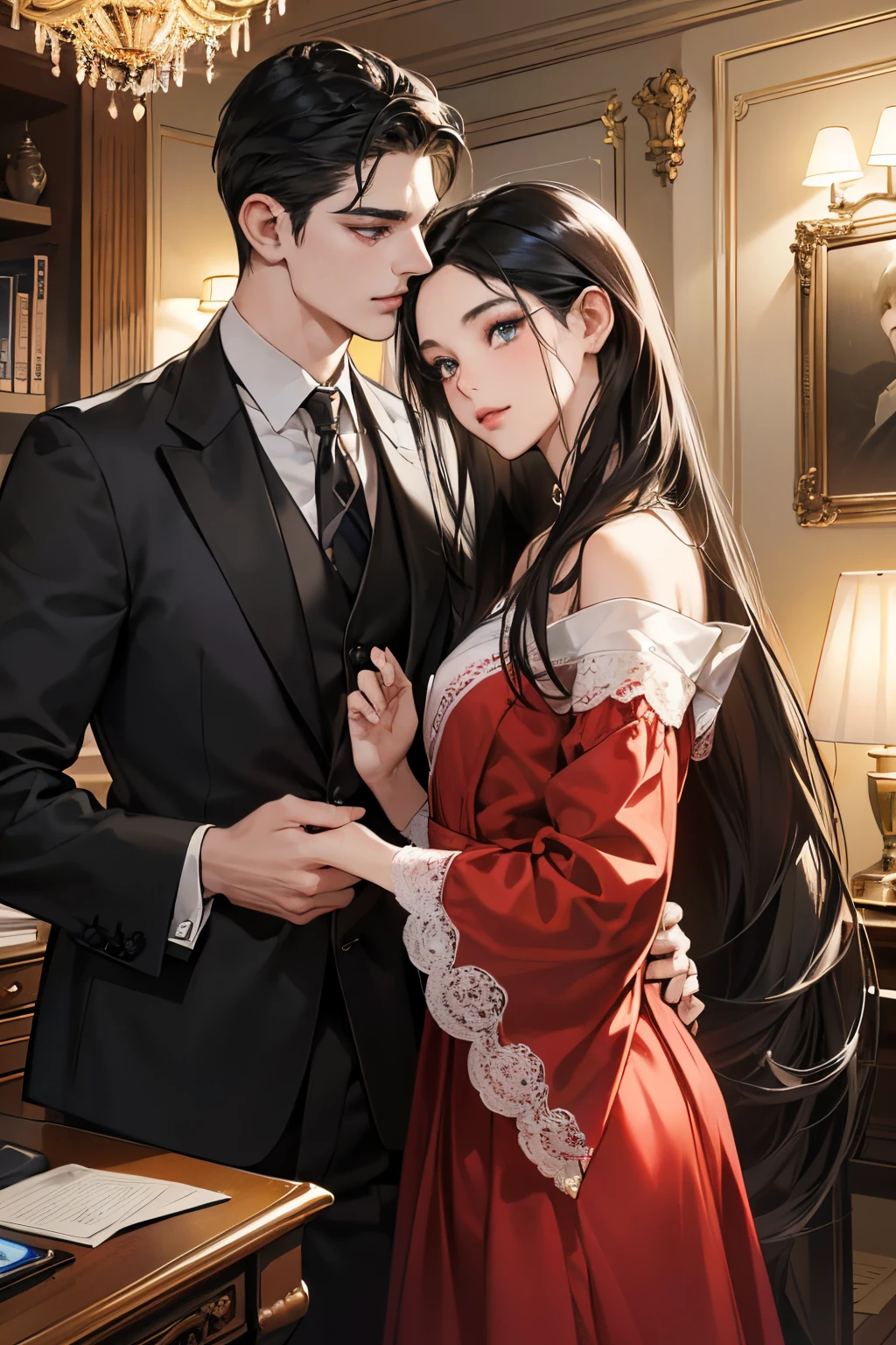 (masutepiece, Digital Art, Digital Illustration, 4K, 8K, Ultra-detailed, beautiful image, Sharp Image, Photorealistic, Raw photo, Perfect face, Perfect lines, Perfect eyes, Soft lighting) 1 woman, (Long Black Hair,straight haired,Bullish gaze,Beautie,Woman in suit,Solid makeup,23 y-o woman,small tits:1.3),Secretary, Two handsome men in suits, (ember,Men in suits,well-muscled,Firm shoulder width, Man's,Boyish hairstyle,English gentlemanly style,Man in his 30s with a cool expression,28-year-old man with bright smile:1.2),Office scene at night,Antique furnishings,Antique Clamps,Antique chair,chandeliers,Parti、a couple、couple kissing、kiss、the kiss、Antique furnishings