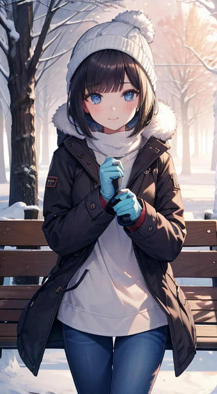 1girl, bob cut brunette hair, smiling, looking at viewer, beanie hat, plain shirt, parka jacket, gloves, jeans, knee-high boots, snowy, park, trees without leaves, park bench, masterpiece, 8K, perfect lighting, perfect clothes, perfect anatomy, perfect eyes, perfect face, sharp resolution, cowboy shot