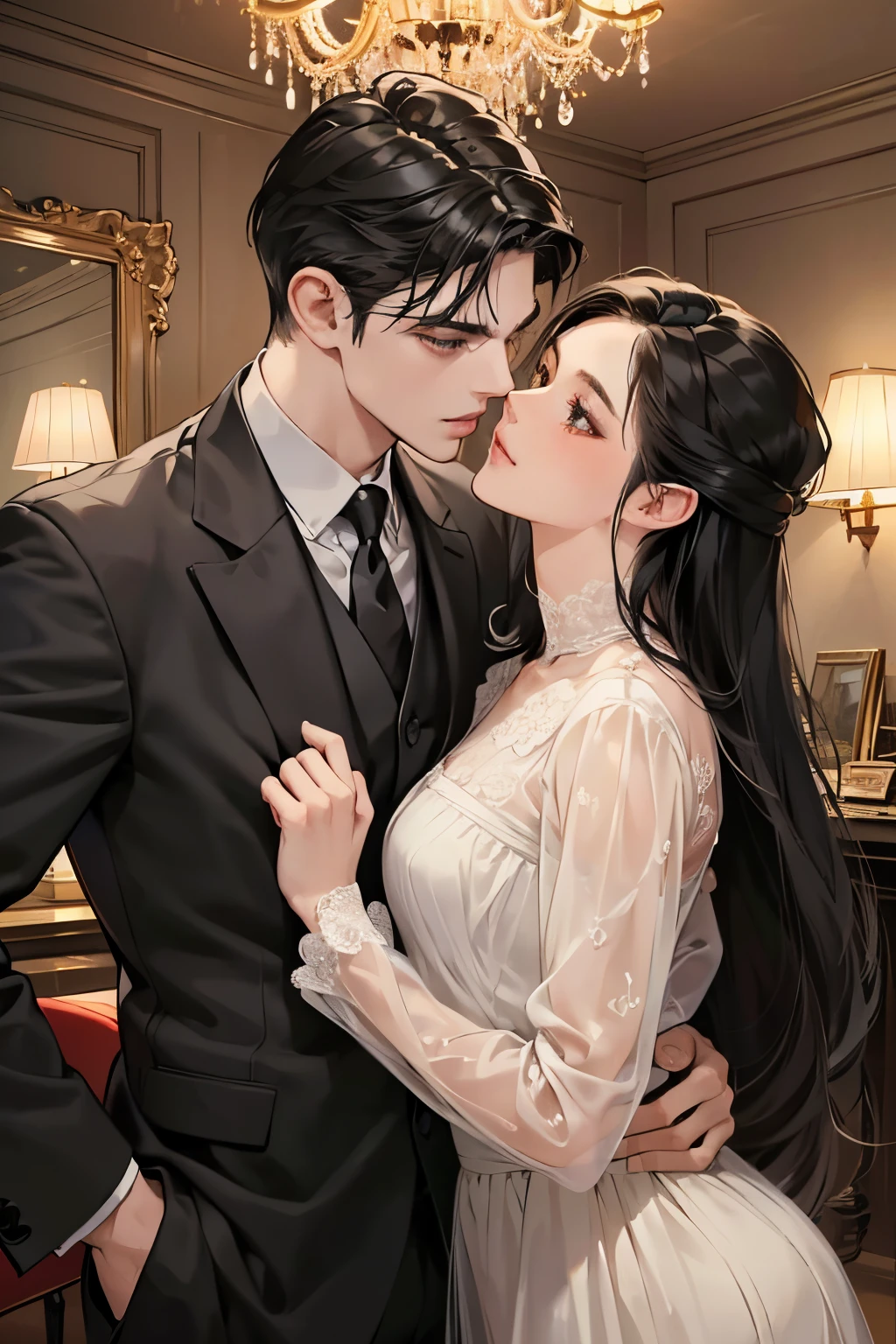 (masutepiece, Digital Art, Digital Illustration, 4K, 8K, Ultra-detailed, beautiful image, Sharp Image, Photorealistic, Raw photo, Perfect face, Perfect lines, Perfect eyes, Soft lighting) 1 woman, (Long Black Hair,straight haired,Bullish gaze,Beautie,Woman in suit,Solid makeup,23 y-o woman,small tits:1.3),Secretary, Two handsome men in suits, (ember,Men in suits,well-muscled,Firm shoulder width, Man's,Boyish hairstyle,English gentlemanly style,Man in his 30s with a cool expression,28-year-old man with bright smile:1.2),Office scene at night,Antique furnishings,Antique Clamps,Antique chair,chandeliers,Parti、a couple、couple kissing、kiss、the kiss、Antique furnishings