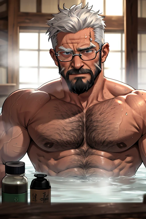 a old man，Muscle tissue，Sweated，Grow a beard，bodyhair,，Dirty，mature，bathhouse，eye glass