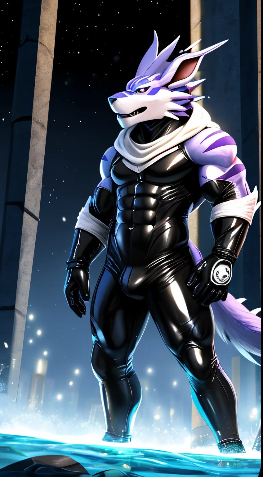 furry weregarurumon boy, muscular, noon, wear rubber suit, rubber hood mask, rubber arms and hands glove, rubber legs and boots, rubber pants, behind the light, anime, digimon, 4K