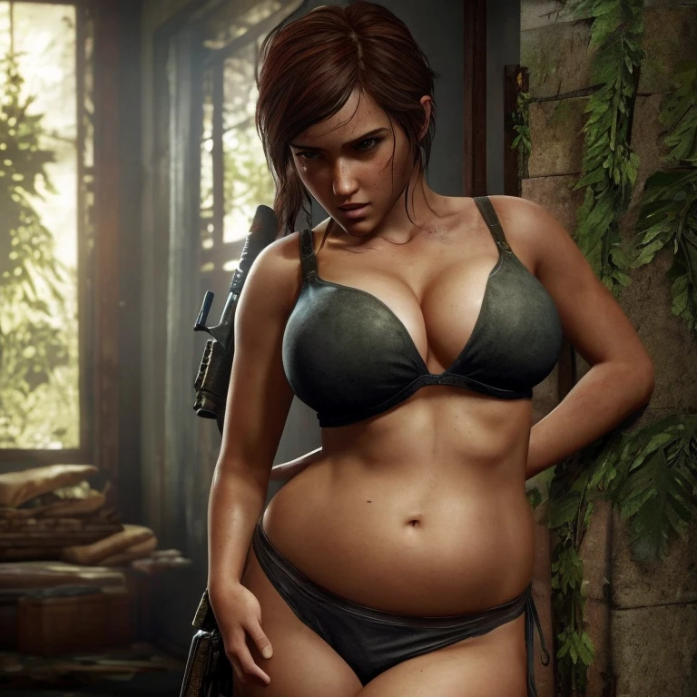 A very sexy, beautiful, hot version of Ellie from the last of us part one with massive boobs, a huge fat belly, a perfect beautiful face and wearing a very tight, small bikini