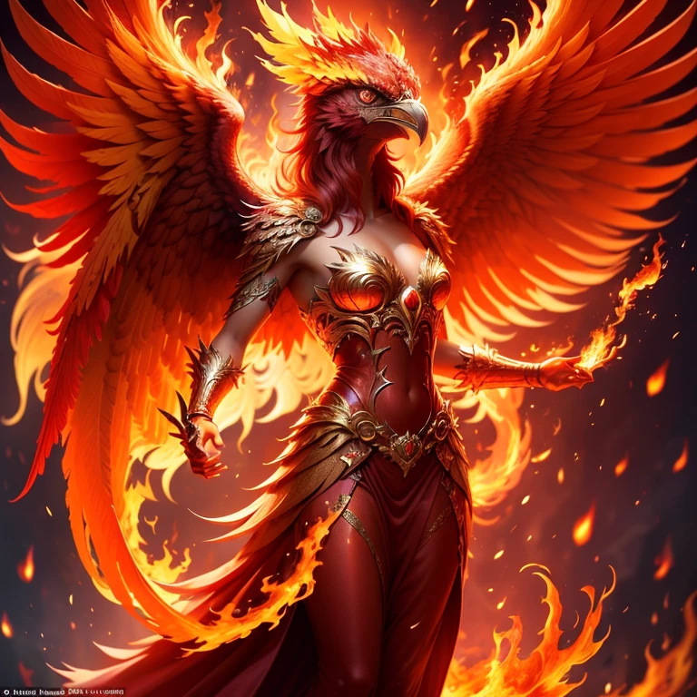Completely red acrylic painting, glossy, glittering, with glaze: A majestic and fearsome female deamon, very beautiful, with fiery wings and a mighty tail, reigning over a desolate wasteland with an iron fist and a thirst for destruction. Mystic lights. In the style of Boris Vallejo. All done with red paint, using only shades of red, and an accent of orange.