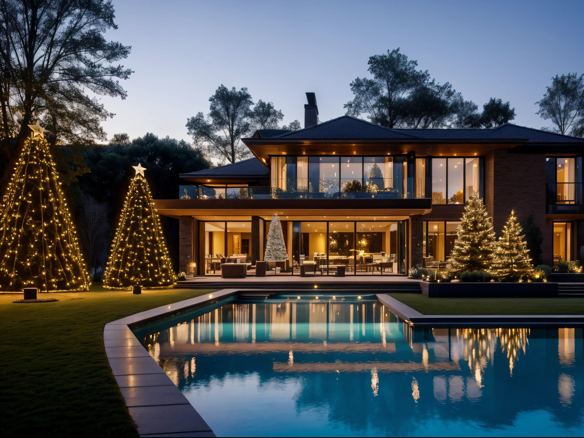a villa morden, glass window, stone,woodandbrick,POOL, garden, Christmas, (Christmas tree:1.2),(Christmas decorations), sunset
