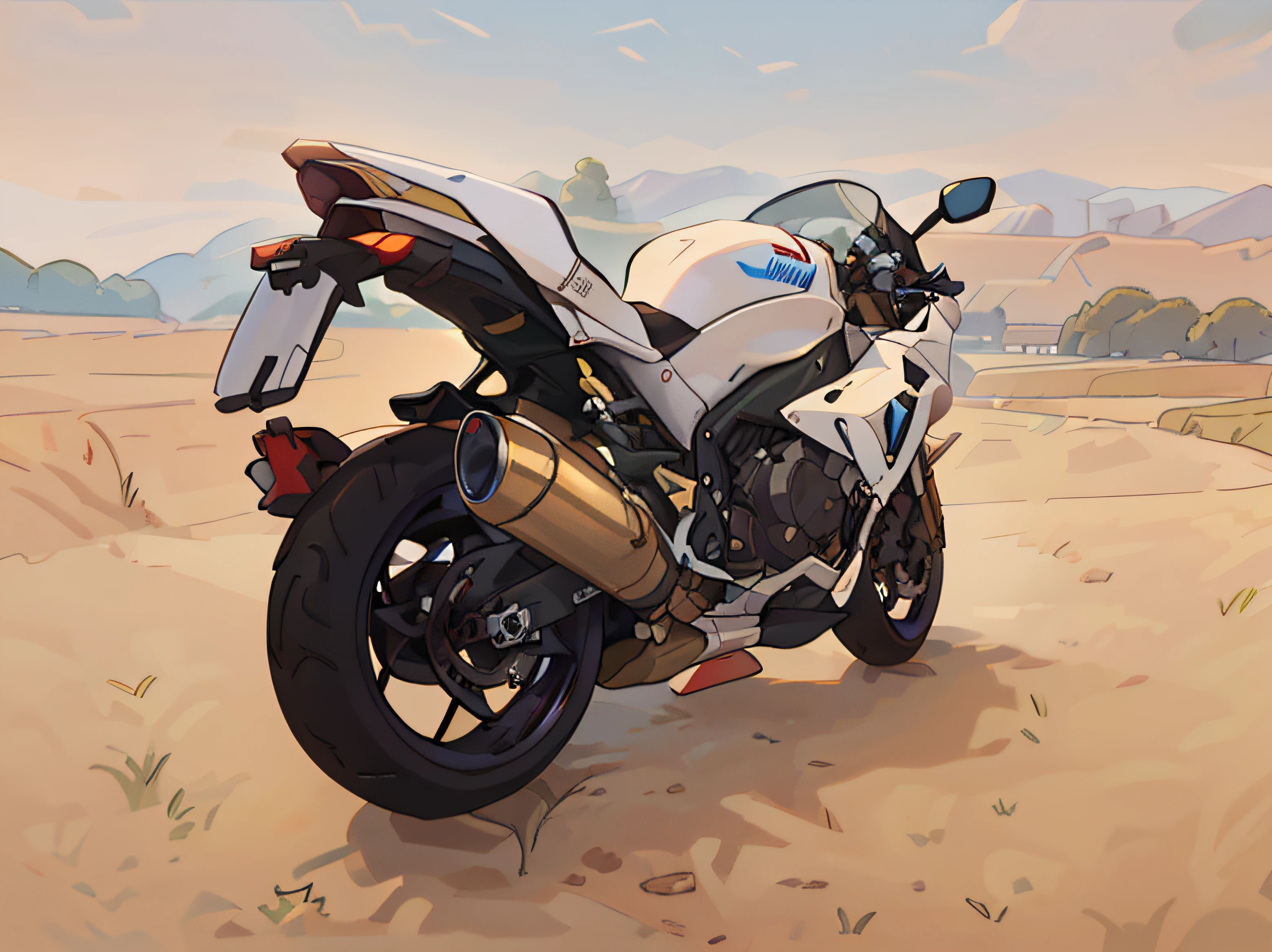Motorcycle parked on the side of the road near a field, Kawasaki, triumph, miko, backside shot, titanium white, Yoshimura exhaust, [ foto realista ]!!, Futuristic Suzuki, backside shot, white gold leather, GTR XU1, But very beautiful.", Huge!!!, white-gold, R6, OSR, future!!, white metallic