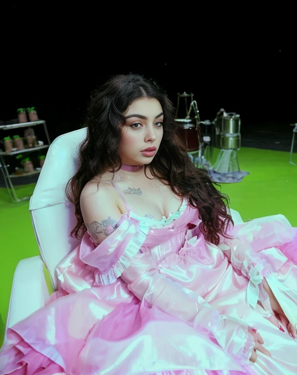 There is a woman in a pink dress lying on a chair.., Imagen de un video musical, Charli XCX, Melanie Martinez, Video musical, Charli Bowater, posing as a queen, vestida de reina, Hermosa reina, performing a music video, portait de Haifa Wehbe, sitting in a plastic throne, video still, in robes, lorde