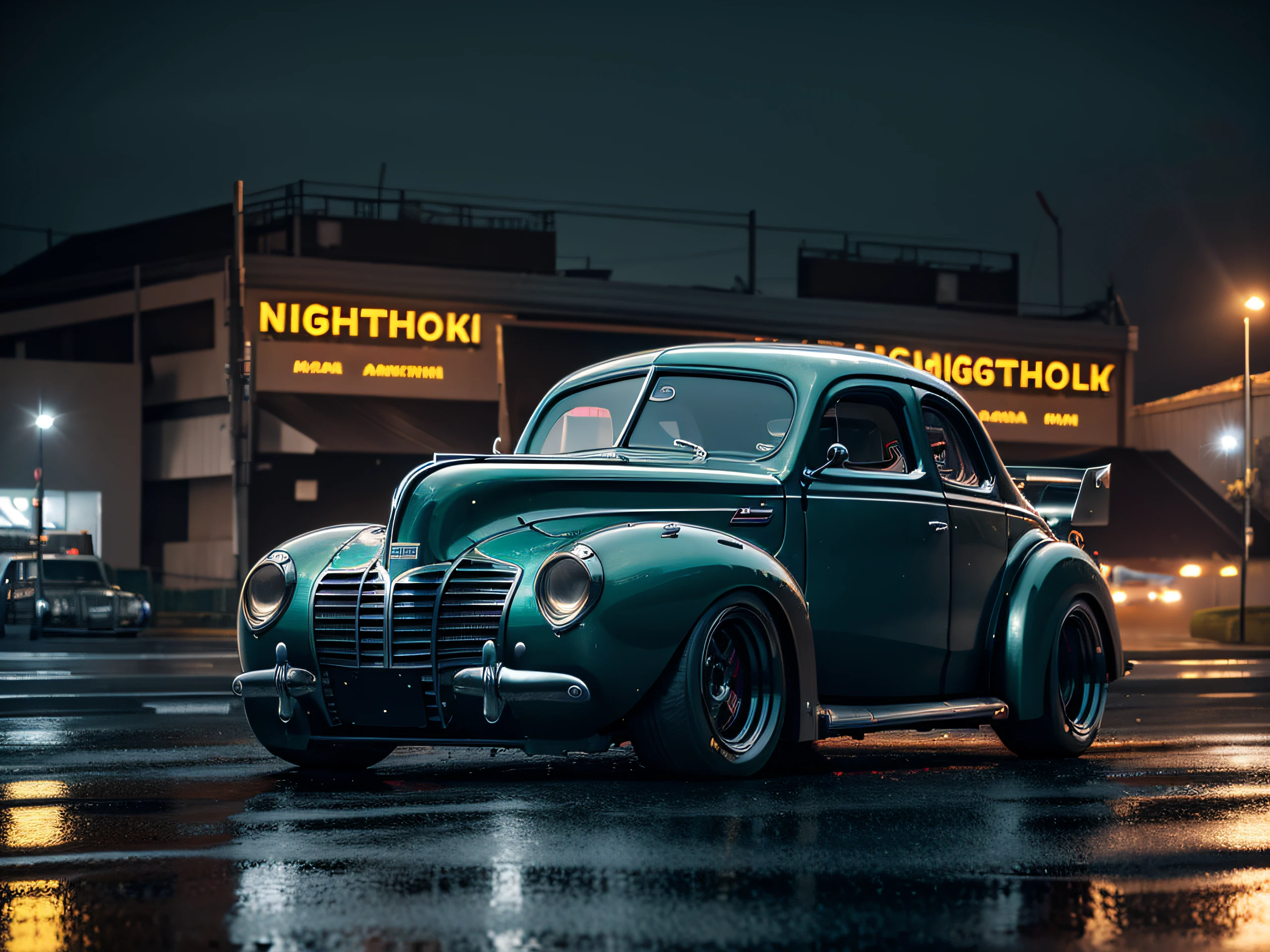 (high quality, detailed), (1940s), (night time), widebody race car, (wet asphalt), colorful