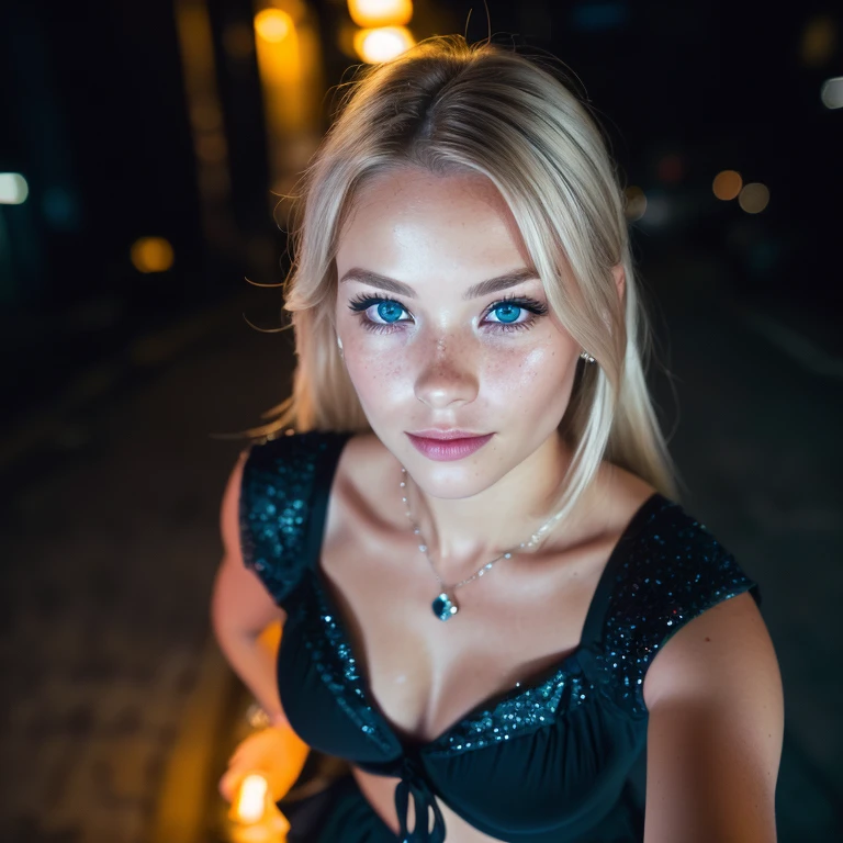 (selfie, top view: 1.4), (straight half of the body: 1.4), RAW UHD portrait photo of a 24-year-old blonde (blue-eyed woman) walking down a dark alley, large breasts,, city at night, (skirt), (neckline), details (textures! , hair! , glitter, color!! , disadvantages: 1.1), glossy eyes with high detail (looking at the camera), SLR lighting, SLR camera, ultra-quality, sharpness, depth of field, film grain (center), Fujifilm XT3, crystal clear, frame center, beautiful face, sharp focus, street lamp, neon lighting, bokeh (dimly lit), night, (night sky), detailed skin pores, oily skin, sunburn, complex eye details, full body, large breasts