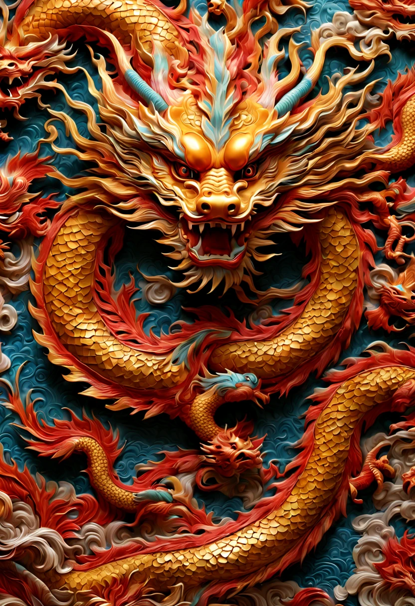 closeup, display postcard of Chinese dragon, souvenir shop, multi-dimensional, embossed patterns, intricate, (best quality, masterpiece, Representative work, official art, Professional, unity 8k wallpaper:1.3)