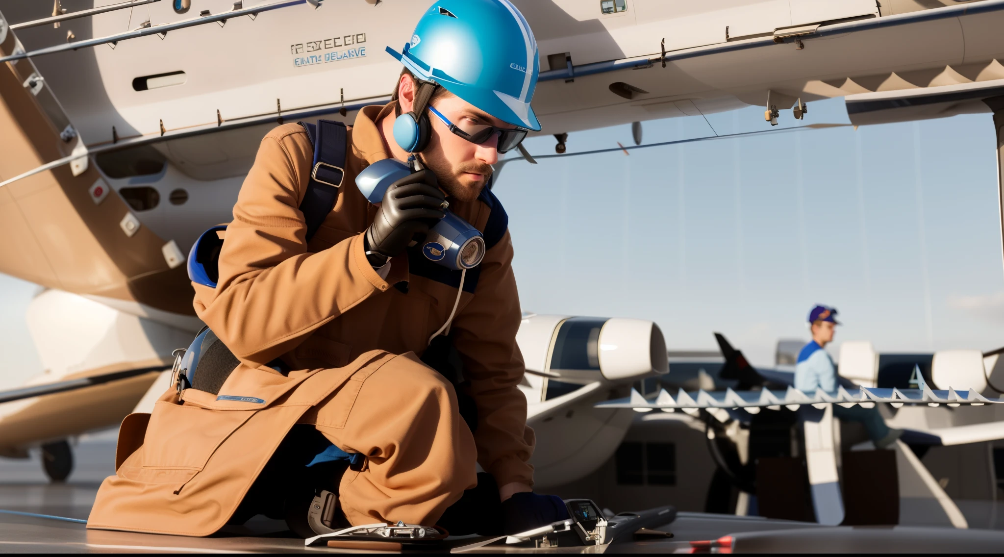 Wearing blue overallan wearing helmet working on airplane, Fix photos, Check stock images, portrait shooting