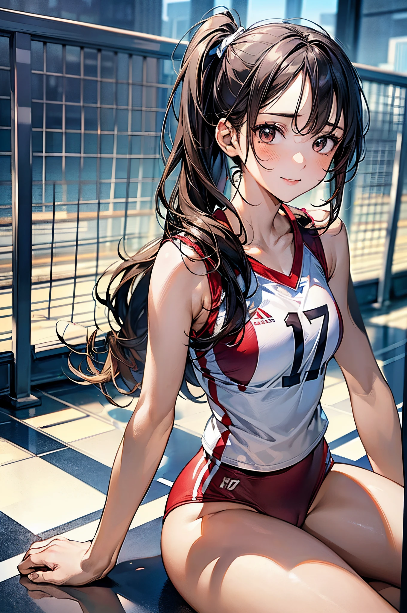 ((((perfect anatomy, anatomically correct, super detailed skin)))), 1 girl, japanese, , volleyball player, shiny skin, watching the view,
beautiful hair, beautiful face, beautiful detailed eyes, brown eyes, (long hair:1.7, side ponytail:1.5), babyface, monder eye,
beautiful collarbones, beautiful body, beautiful breasts, beautiful thighs, beautiful legs, large breasts:0.5, seductive thighs, cameltoe, bare arms, bare hands, bottomless,
((symmetrical clothinetallic)), ((((buruma)), sleeveless volleyball uniform)), break,
smile, sitting floor, (((m leg, spread legs))),
(beautiful scenery), evening, day, ((volleyball gymnasium, volleyball cort)),
(8k, top-quality, masterpiece:1.2, extremely detailed), (photorealistic:1.2), beautiful illustration, natural lighting,