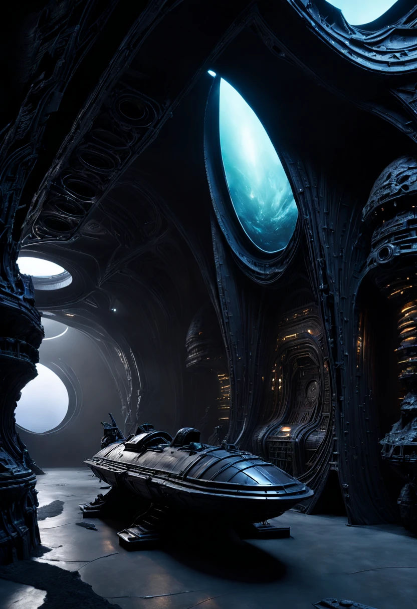 01_Black light, the interior of an epic alien ship, the atmosphere of the movie “Alien”. Bionic forms cover the walls in bas-relief, black artificial material, stone-plastic, and bionics. Sanded, polished, smooth, bas-relief, bionics, cyber-punk. Elements of alien bodies, and the anatomy of alien creatures, adorn the relic bas-reliefs of an alien ship. Black light penetrates forms from the inside. The whole picture embodies the black theme, black glow, antimatter, space - as a symbol of black infinity. 02_Highest quality. Masterpiece. Cinematic image. 3D visualization. Scene recreated by Unreal Engine. The highest quality, details, textures, materials, and, clear shapes (smooth synthetic material, artificial stone, plastic, metal). Black glow from the depths of forms, an alien ship, an alien civilization, alien worlds. Frontal view from the camera, perspective, with watery ceilings, a deep grotto, membrane floor, and fantastic bas-reliefs on the walls (bionics, anatomy, entomological life forms depicted on bizarre bas-reliefs). Black glow is the basis of the whole picture. 03_ Interior lighting, deep shadows, illuminated black bas-relief, bionic geometry, and secret symbolism decorate the walls. High vaulted walls, an alien ship - a highly developed civilization. Warm bright - contrasting light, light cold shadows, clear image of details, texture, decor (high image quality), (Clear high-quality render), (unreal engine), SD quality, 8K. Lucas Arts, cyberpunk, S.R. Giger "Alien".