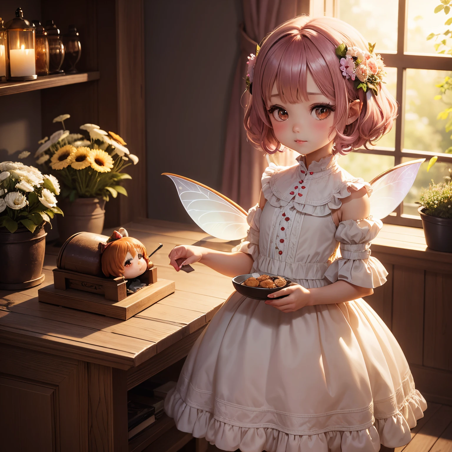 masterpiece、top-quality、ultra-detailliert、(Chibi Chara Fairy:1.3)、Wearing fluffy room wear、gerbera flowers、closing eye、Good night、Fairytale Forest