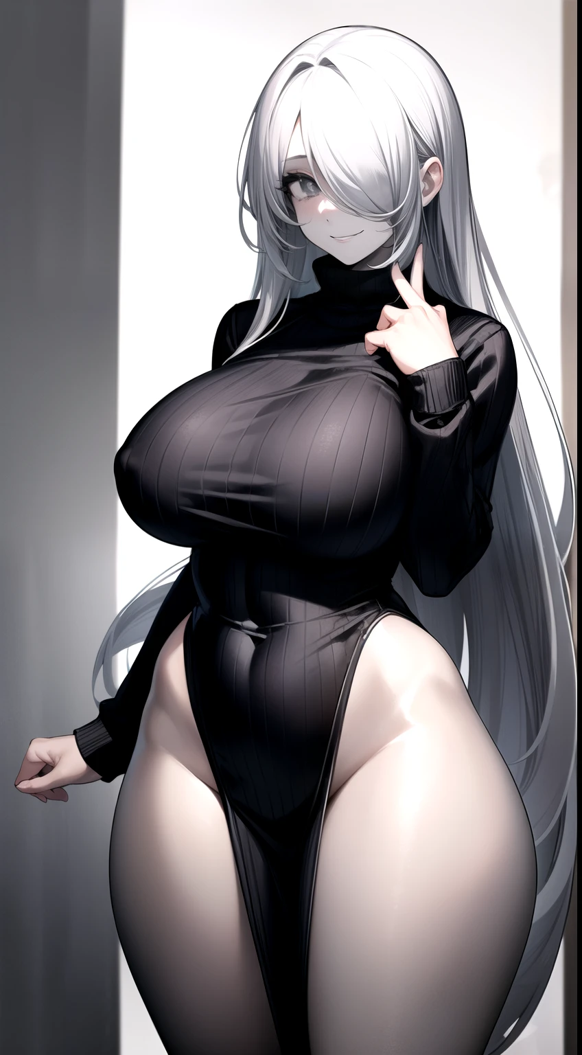 1girl,female focus,very long hairs, curvy ,wide hips,breasts,sweater,hair over eyes ,Creepy smile,(grey  skin:1.2),bottomless.standing