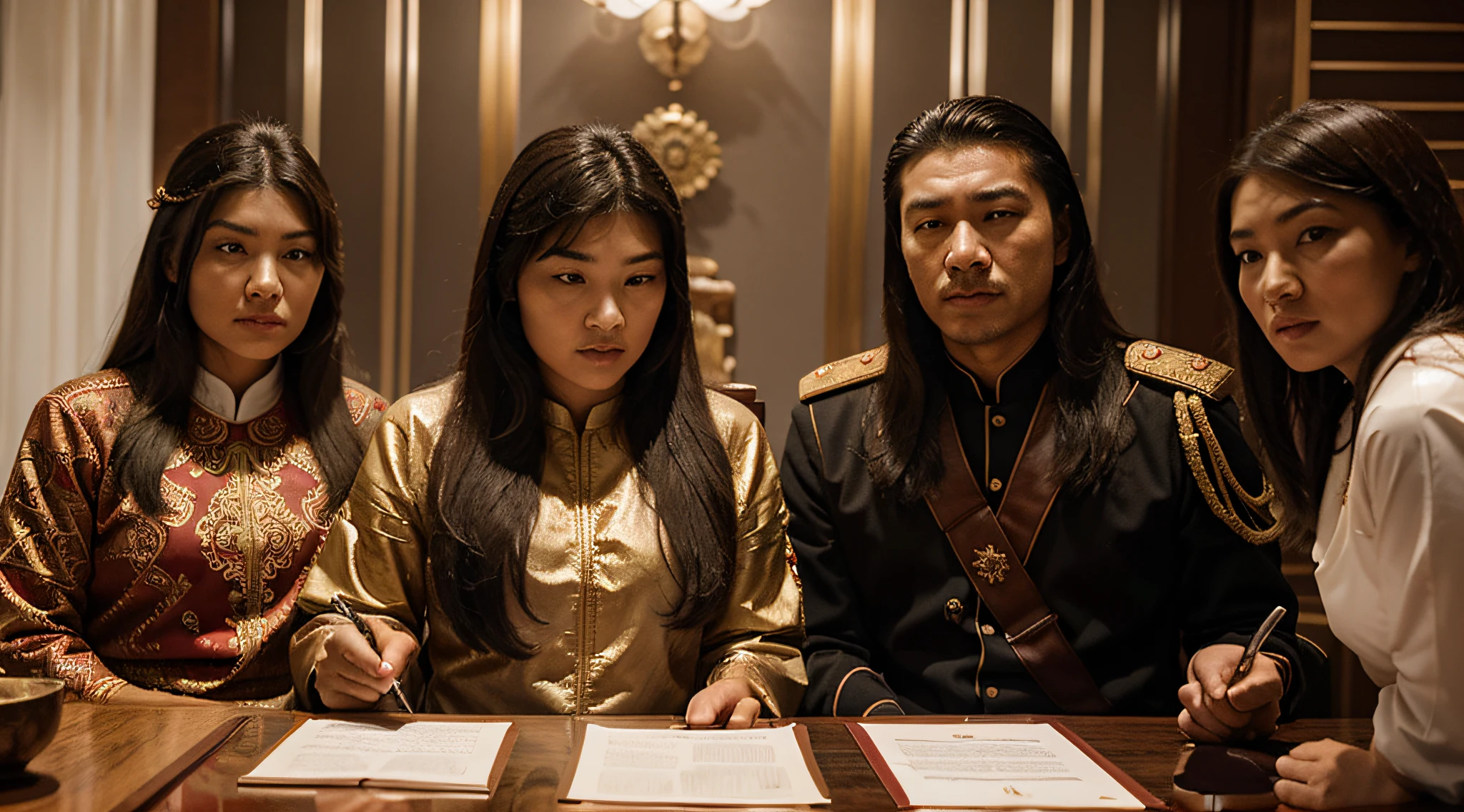 Genghis Khan imposes bold conditions, com a filha em destaque segurando um contrato de casamento com um rei aliado, exclusivity symbols around.
