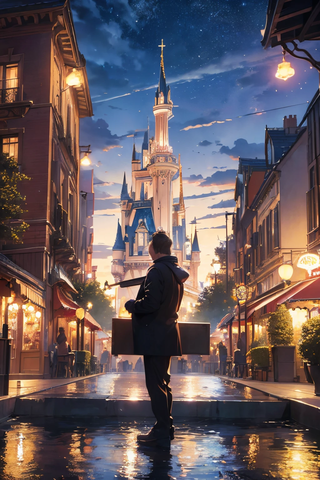 (best quality, highres,masterpiece:1.2),ultra-detailed,realistic, HDR, UHD, studio lighting, man playing a grand piano, Disneyland castle background, vibrant colors, bokeh, landscape view
