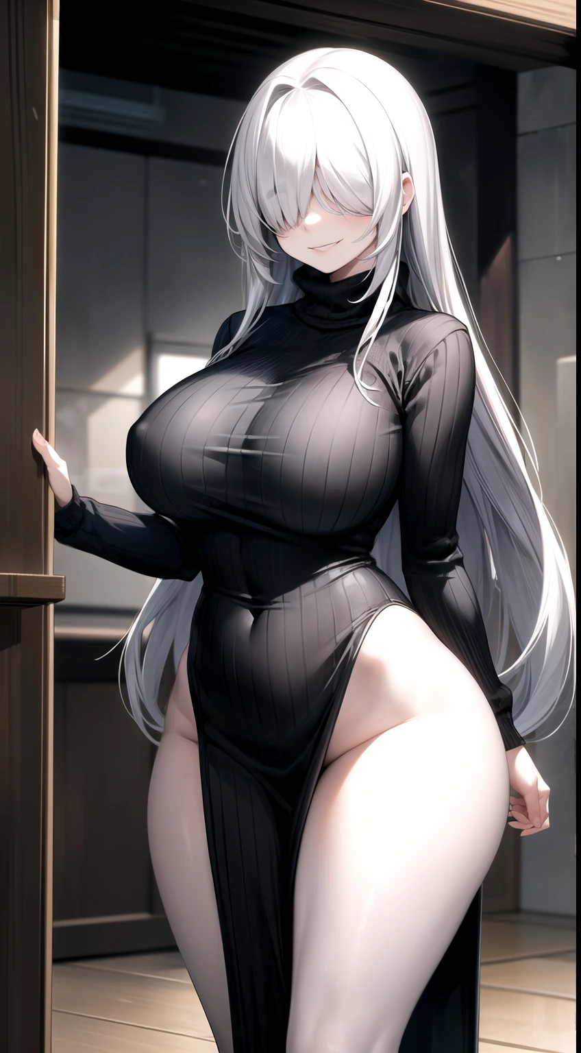 1girl,female focus,very long hairs, curvy ,wide hips,breasts,sweater,(hair over eyes) ,Creepy smile,(grey  skin:1.2),bottomless.standing.indoor