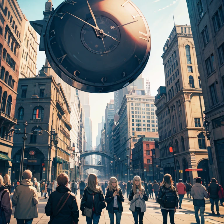 A world without gravity, people, city, crowd, giant clock