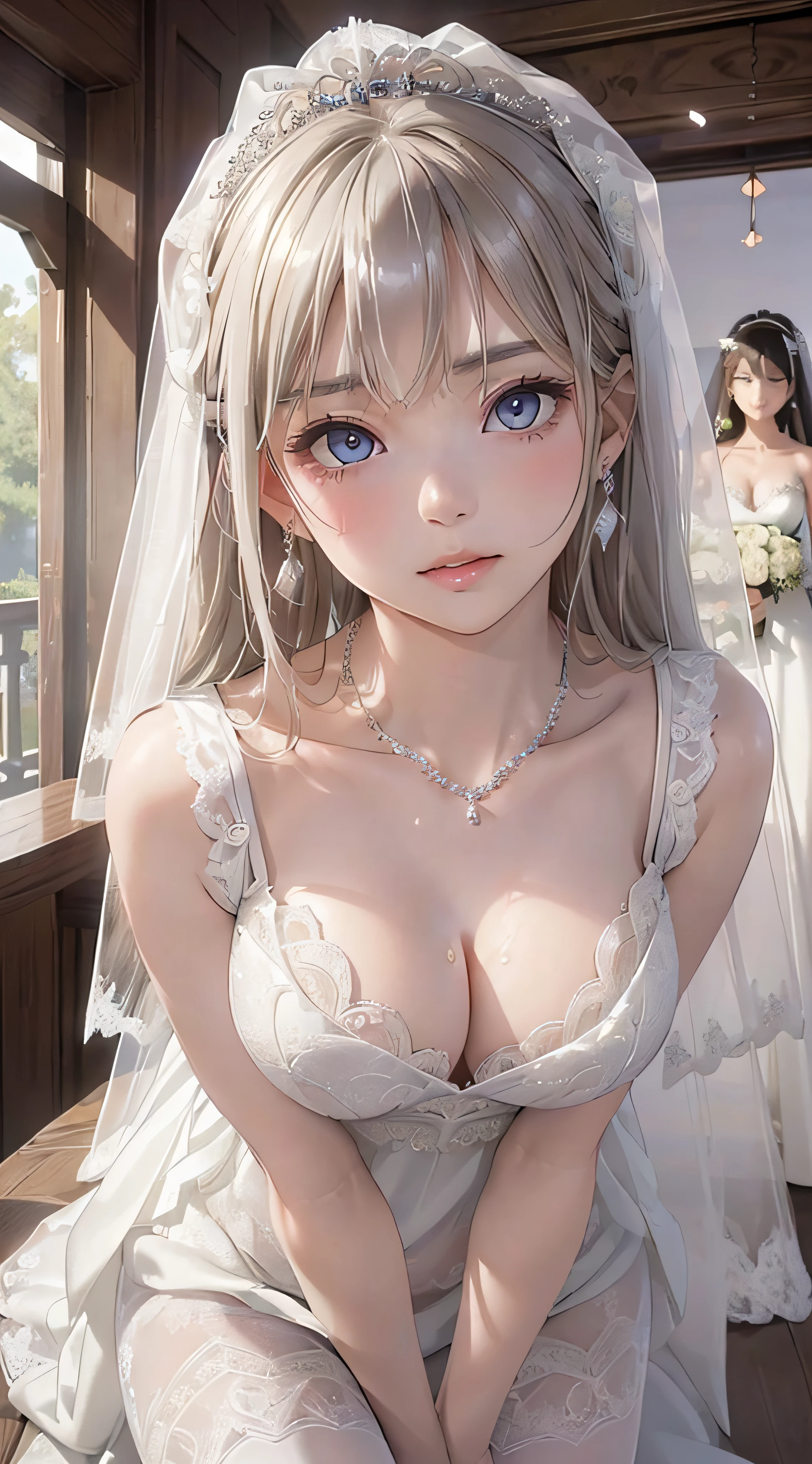 (masutepiece: 1.3), (max resolution: 1.2), (Ultra HDTV: 1.2), cinematric light, 8K resolution, Detailed eyes and skin, detailed facial features, , (Sharp Focus: 1.2）, (Focus on Face:1.2),Perfect Style, Beautiful face, acurate, Anatomically correct, Highly detailed face and skin texture, Detailed eyes, Double eyelids, Thin eyebrows, Glitter Eyeliner: 1 Natural cheeks, Glossy skin, Fair skin: 1.2, (Glossy lips: 1.4),、 (Shy look: 1.2),Highly detailed facial and skin texture, Detailed eyes, Double eyelids, Natural cheeks, , shiny lips: 1.4,Exposed cleavage、Sperm taken、Overflowing sperm、Flowing sperm、 red blush、humiliated、impatience、dismay、Frightened、glares、Sexually arousal、Provocation、embarrassed from、Open knees、open one's legs、 White underwear、White bra、Shiny little earrings and necklaces、Disheveled clothes、Dressing、Exposed panties、Wearing sweat、sodden、Sheer underwear、Stockings、 23 instars, Neat and clean woman,1 persons、 upturned breasts,chies、sexy  pose、a blond、A dark-haired、White-silver hair、Blue ash eyes、Green ash eye,(weddingdress:1.5)、veils、Glaring expression、