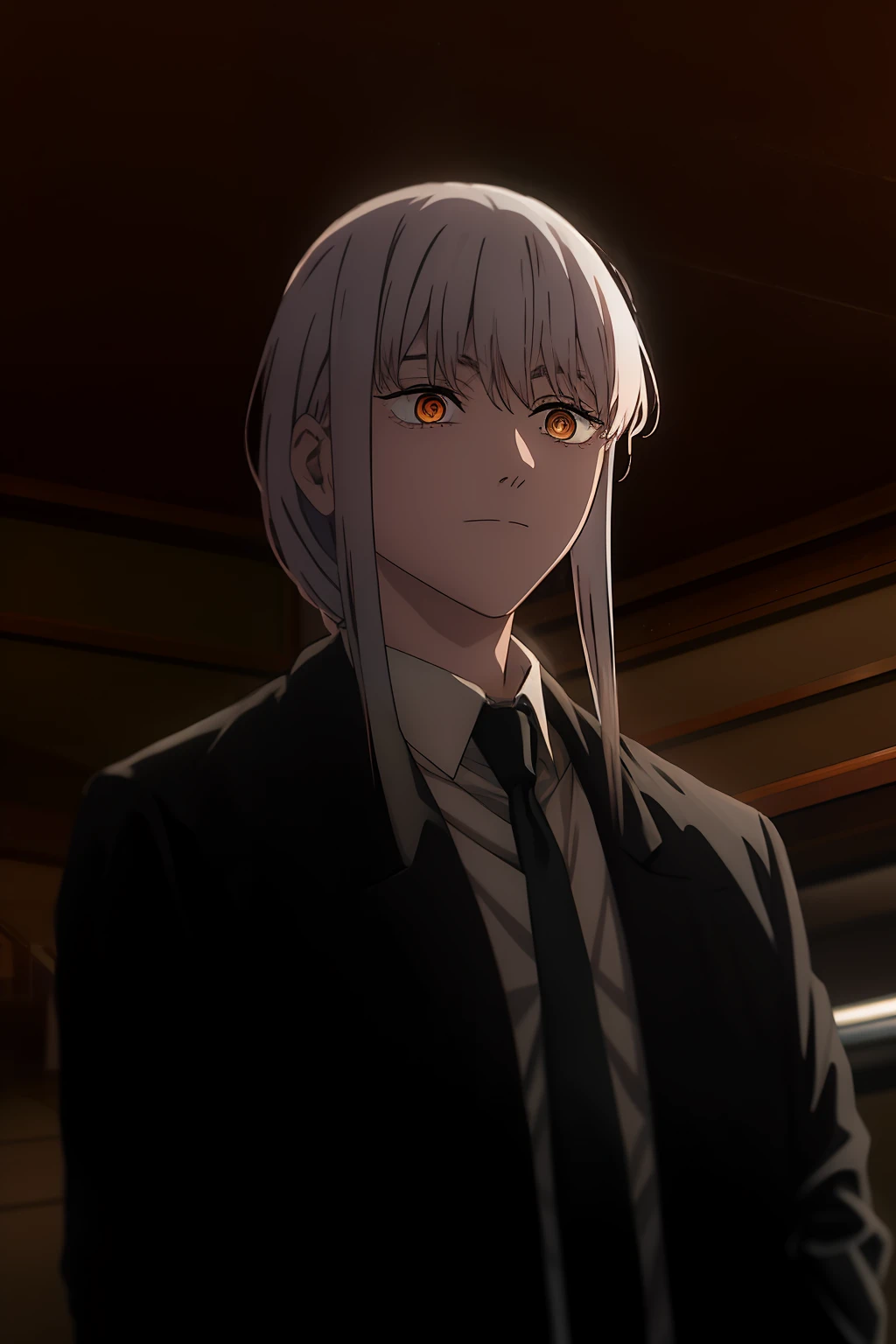 1male, bara, long_hair, White Hair, olhando_Stelle_audience, bangs, shirt, long_sleeves, holding, closed_mouth, jacket, White_eye, white_shirt, upon_body, bundle up, white_hair, necktie, collared_shirt, trousers, indoors, Medium_hair, black_jacket, White_eye, black_trousers, formal, Suit, black_necktie, office_, loud_eye, business_Suit, cross_weapons