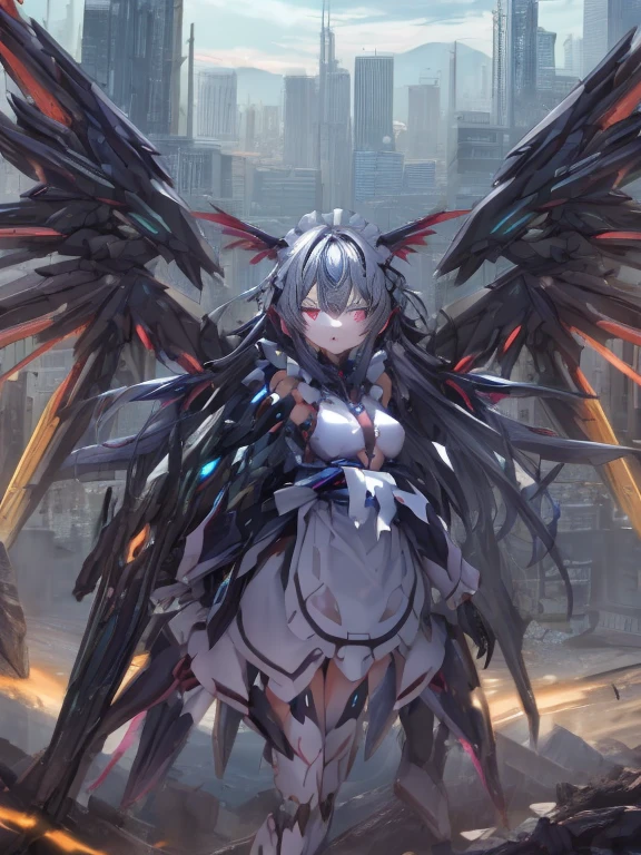 top-quality、ighly detailed、masterpiece、ultra-detailliert、illustratio、((1girl in))、silber hair、length hair、Floating hair、、Cyber City、Neon building、(The upper part of the body:1.05)、extremely_Detailed_Eyes_And_Face,cybernetic wings mechanical wings、Random posture、Skyscraper、、Mechumusume、shrine maiden clothe,maid clothes、Random angles、anime styled,cowboy shot