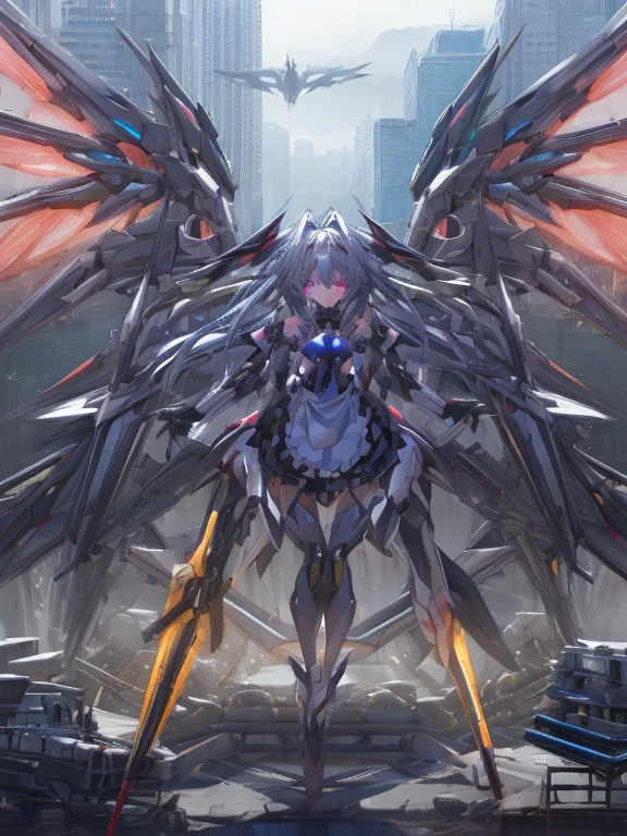 top-quality、ighly detailed、masterpiece、ultra-detailliert、illustratio、((1girl in))、silber hair、length hair、Floating hair、、Cyber City、Neon building、(The upper part of the body:1.05)、extremely_Detailed_Eyes_And_Face,cybernetic wings mechanical wings、Random posture、Skyscraper、、Mechumusume、shrine maiden clothe,maid clothes、Random angles、anime styled,cowboy shot