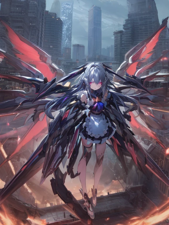 top-quality、ighly detailed、masterpiece、ultra-detailliert、illustratio、((1girl in))、silber hair、length hair、Floating hair、、Cyber City、Neon building、(The upper part of the body:1.05)、extremely_Detailed_Eyes_And_Face,cybernetic wings mechanical wings、Random posture、Skyscraper、、Mechumusume、shrine maiden clothe,maid clothes、Random angles、anime styled,cowboy shot