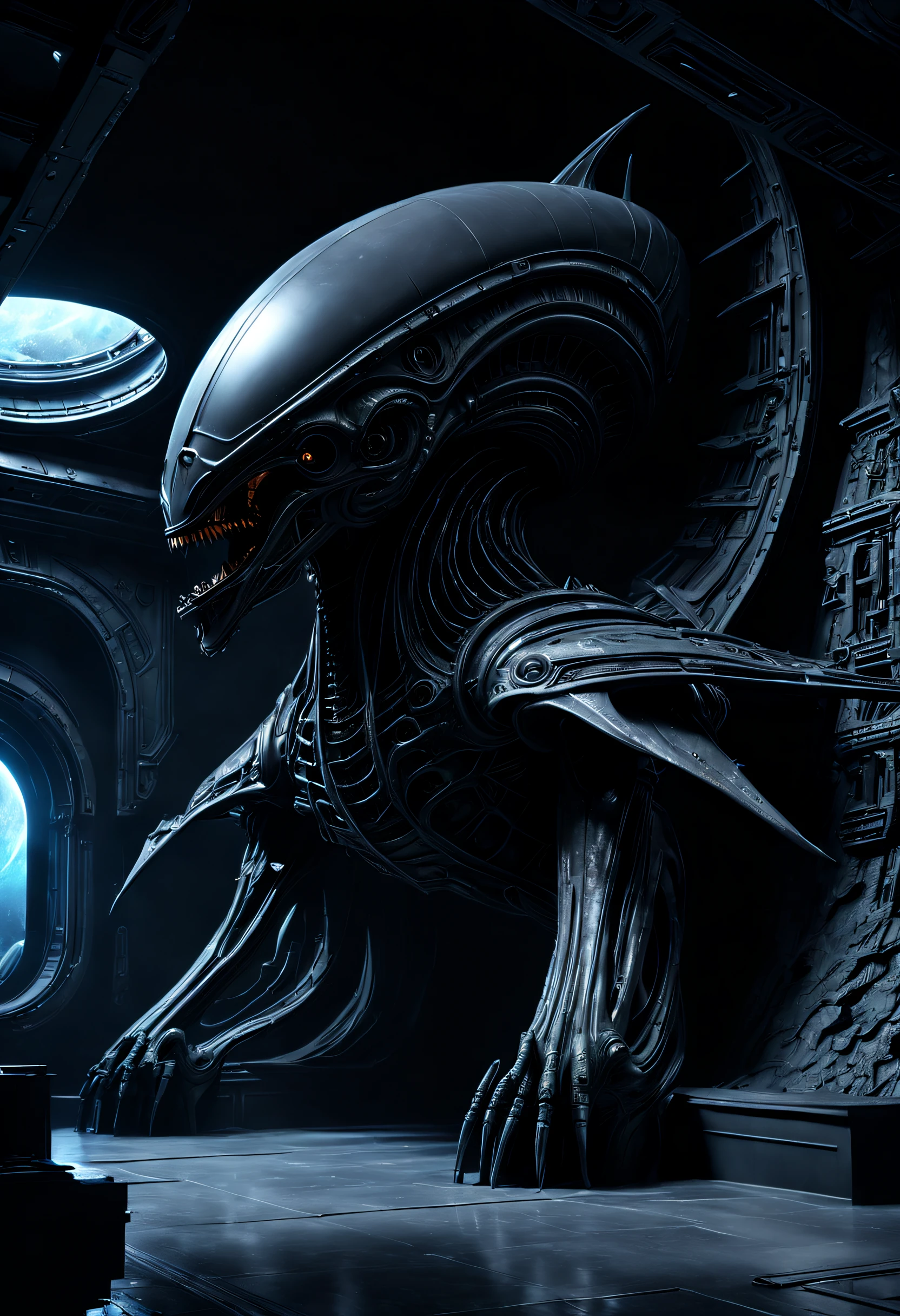 01_Black light, the interior of an epic alien ship, the atmosphere of the movie “Alien”. Bionic forms cover the walls in bas-relief, black artificial material, stone-plastic, and bionics. Sanded, polished, smooth, bas-relief, bionics, cyber-punk. Elements of alien bodies, and the anatomy of alien creatures, adorn the relic bas-reliefs of an alien ship. Black light penetrates forms from the inside. The whole picture embodies the black theme, black glow, antimatter, space - as a symbol of black infinity. 02_Highest quality. Masterpiece. Cinematic image. 3D visualization. Scene recreated by Unreal Engine. The highest quality, details, textures, materials, and, clear shapes (smooth synthetic material, artificial stone, plastic, metal). Black glow from the depths of forms, an alien ship, an alien civilization, alien worlds. Frontal view from the camera, perspective, with watery ceilings, a deep grotto, membrane floor, and fantastic bas-reliefs on the walls (bionics, anatomy, entomological life forms depicted on bizarre bas-reliefs). Black glow is the basis of the whole picture. 03_ Interior lighting, deep shadows, illuminated black bas-relief, bionic geometry, and secret symbolism decorate the walls. High vaulted walls, an alien ship - a highly developed civilization. Warm bright - contrasting light, light cold shadows, clear image of details, texture, decor (high image quality), (Clear high-quality render), (unreal engine), SD quality, 8K. Lucas Arts, cyberpunk, S.R. Giger "Alien".