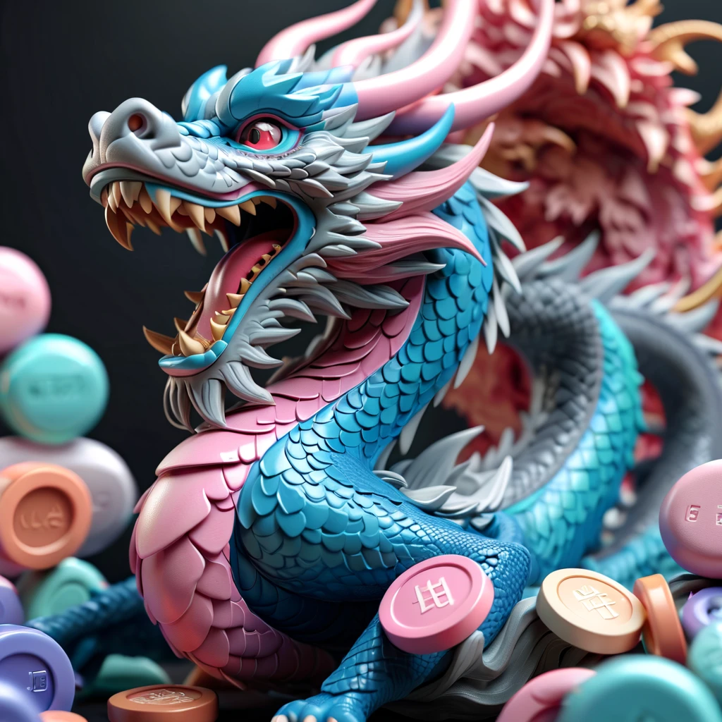 Druged 3d chinese dragon, huge, capsuled dragon, Chinese dragon and dragon and more dragon, capsuled, pills, highly capsuled, trend on behance 3 d art, stunning artwork, extremely high quality artwork, beautiful artwork, colorful hyperrealism, beeple colors, blue, pink, grey,(best quality,4k,8k,highres,masterpiece:1.2),ultra-detailed,(realistic,photorealistic,photo-realistic:1.37),HDR,UHD,studio lighting,ultra-fine painting,sharp focus,physically-based rendering,extreme detail description,professional,vivid colors,bokeh. Attention:Original art by Tupu.