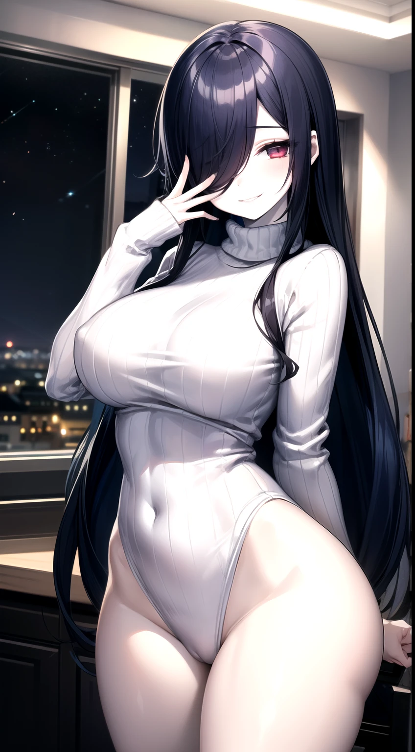 1girl,female focus,very long hairs, curvy ,wide hips,breasts,sweater,(hair over eyes) ,Creepy smile,(pale skin:1.2),bottomless.standing,indoor,night