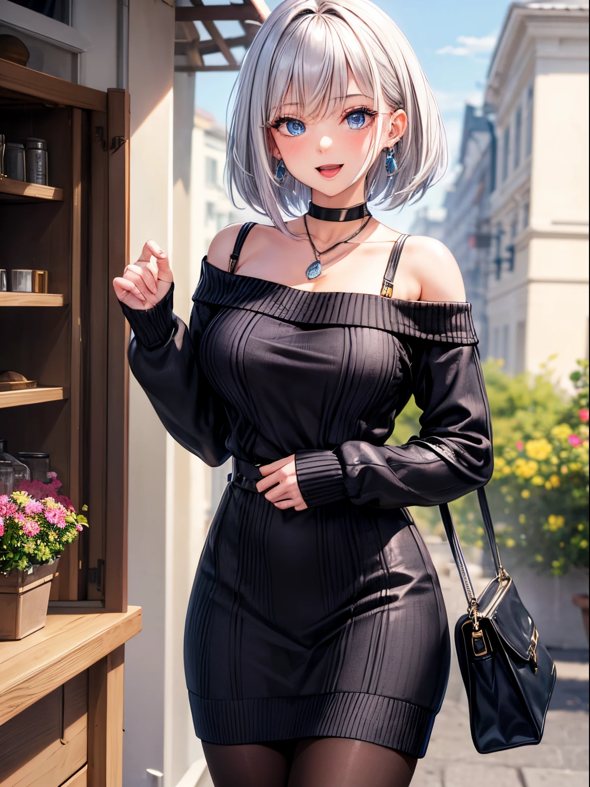 Top quality, best picture quality, masterpiece, detailed, high quality, visual art, 4K, beautiful woman (lady,-21-year-old,), adult female, beautiful face, beautiful silver hair, short hair, loose hair, bangs, Russian style beautiful woman, beautiful legs, glamour, taut and beautiful breasts (85, bust), Light blue eyes, earrings, 1 girl, solo, sweater, sweater dress, off shoulder sweater, cable knit, aran sweater, pantyhose, black legs, looking viewer, cleavage, collarbone, bare shoulders, long sleeves, open mouth, smile, bag, holding, collarbone, black pantyhose, outdoor, store front,