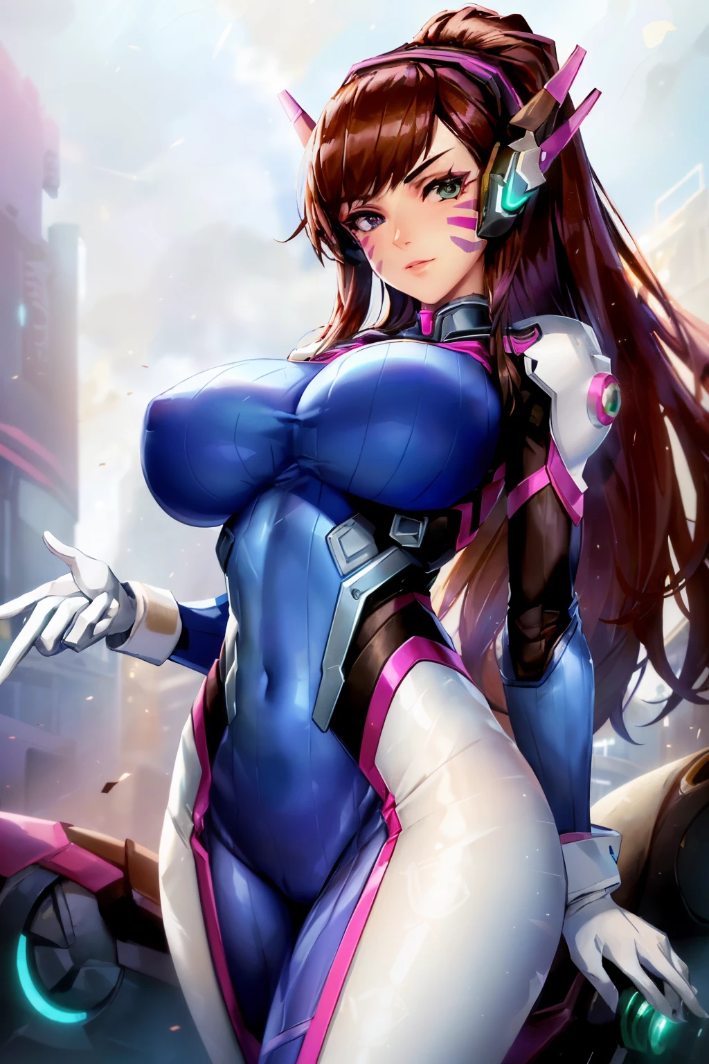 (masterpiece, best quality, ultra detailed, absurdres)1.5, 1girl, (sexy, beautiful woman, perfect face, perfect eyes, perfect female body, huge breasts)1.5, (dvaover, d.va \(overwatch\), long hair, brown hair, swept bangs, headphones, blue bodysuit, ribbed bodysuit, pilot suit, bunny print, v, whisker markings, facepaint, white gloves, facial mark, pink lips, high collar, shoulder pads, ), (standing, meverwatch\), robot, science fiction, Korean city in background, night sky), perfect lighting, smooth, hdr