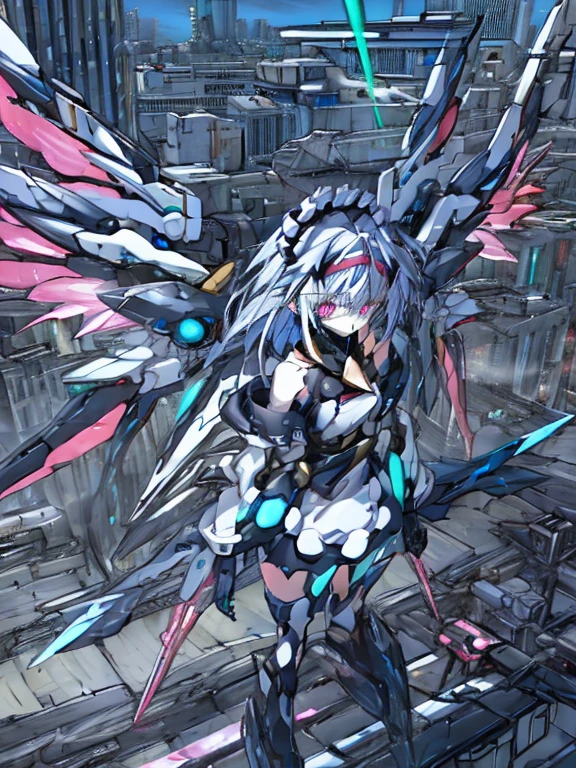 top-quality、ighly detailed、​masterpiece、ultra-detailliert、illustratio、((1girl in))、silber hair、length hair、Floating hair、、Cyber City、Neon building、(The upper part of the body:1.05)、extremely_Detailed_Eyes_And_Face,cybernetic wings mechanical wings、Random posture、Skyscraper、、Mechumusume、shrine maiden clothe,maid clothes、Random angles、anime styled,cowboy  shot