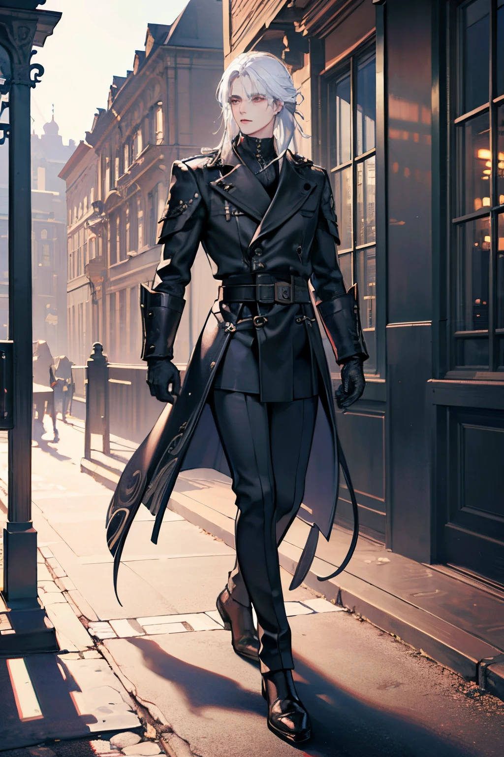 best quality, (RAW photo:1.2), (masterpiece:1.4), (highres:1.4), depth of field, intricately detailed, 8k, extremely detailed, perfect lighting, epic background, solo, super fine photo, portrait digital art Unreal Engine 5 8K UHD of a boy, concept art, character concept design, wearing black long leather coat with white shirt, leather gloves, black boots, long white hair, fantasy fashion design, walking in town, night time background, best quality, masterpiece, super detailed, sharp focus, female pose
