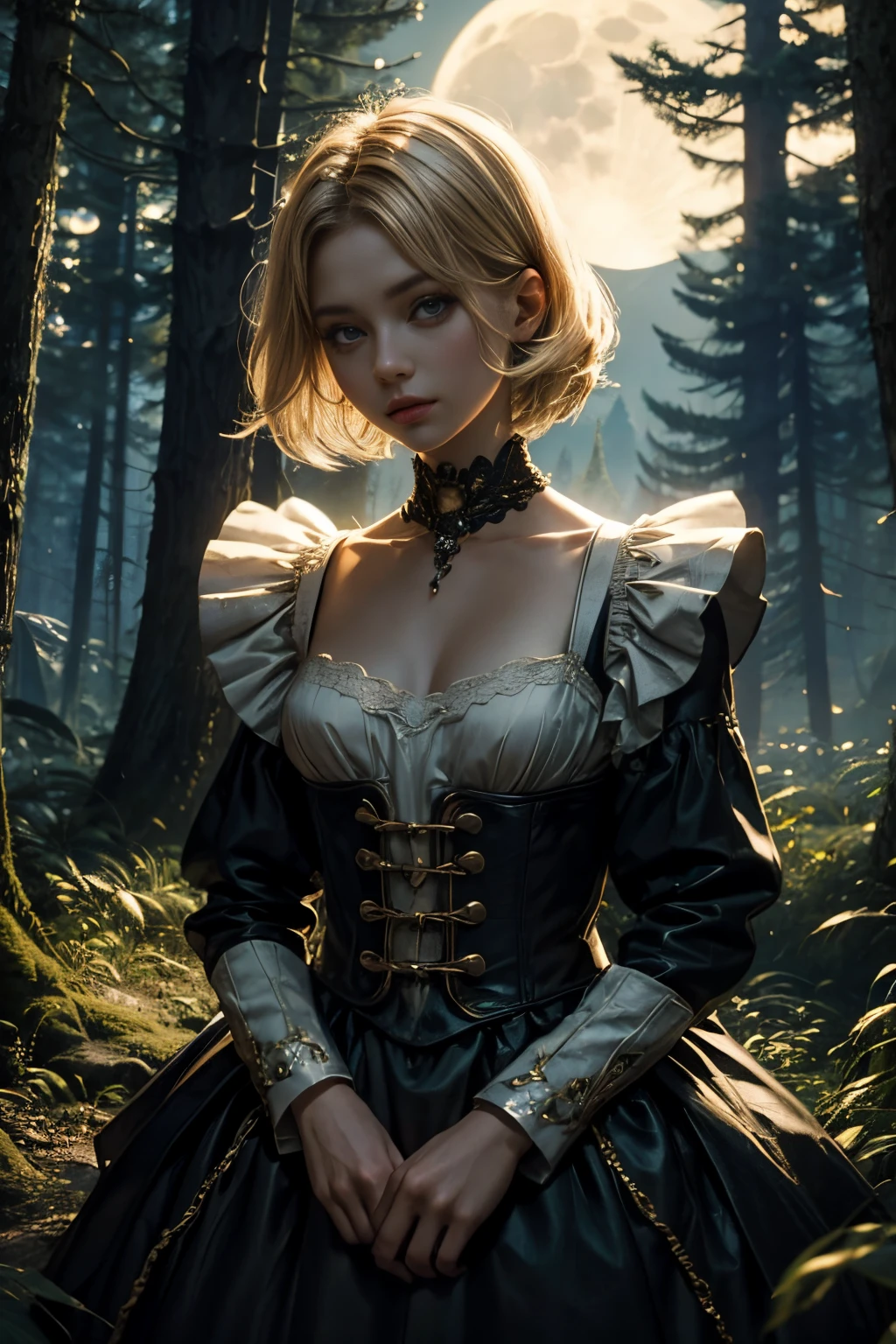 Marta Gromova (Ukrainian Model), short hair, blonde, medieval maid dress, shy pose, shy face, in a forest at night time, moonlight