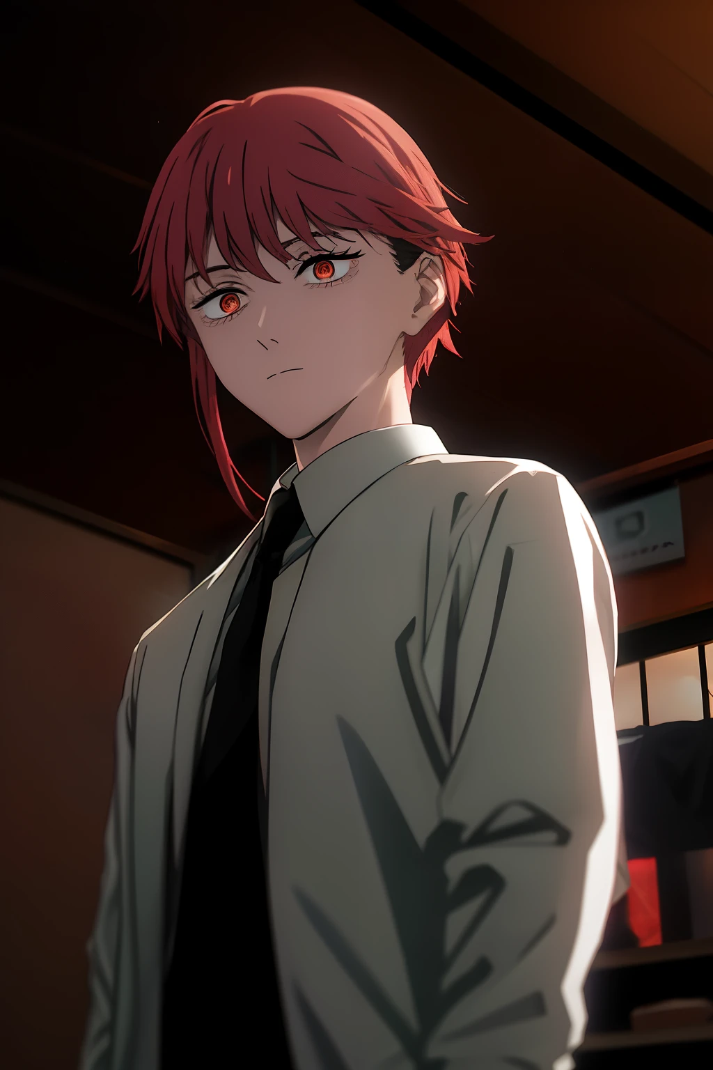 1male, bara, short_hair, Red-Haired, olhando_Stelle_audience, messy hair, shirt, long_sleeves, holding, closed_mouth, jacket, red_eye, white_shirt, upon_body, red_hair, necktie, collared_shirt, trousers, indoors, Medium_hair, black_jacket, White_eye, black_trousers, formal, Suit, black_necktie, office_, loud_eye, business_Suit, cross_weapons