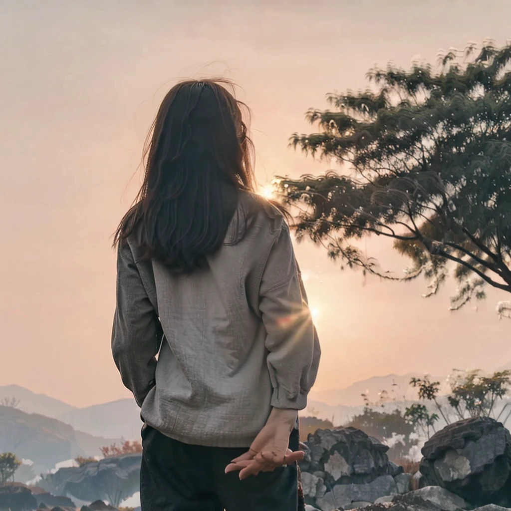Black back silhouette of long-haired man standing on high mountain looking towards sunrise,Hold the sun in your hand