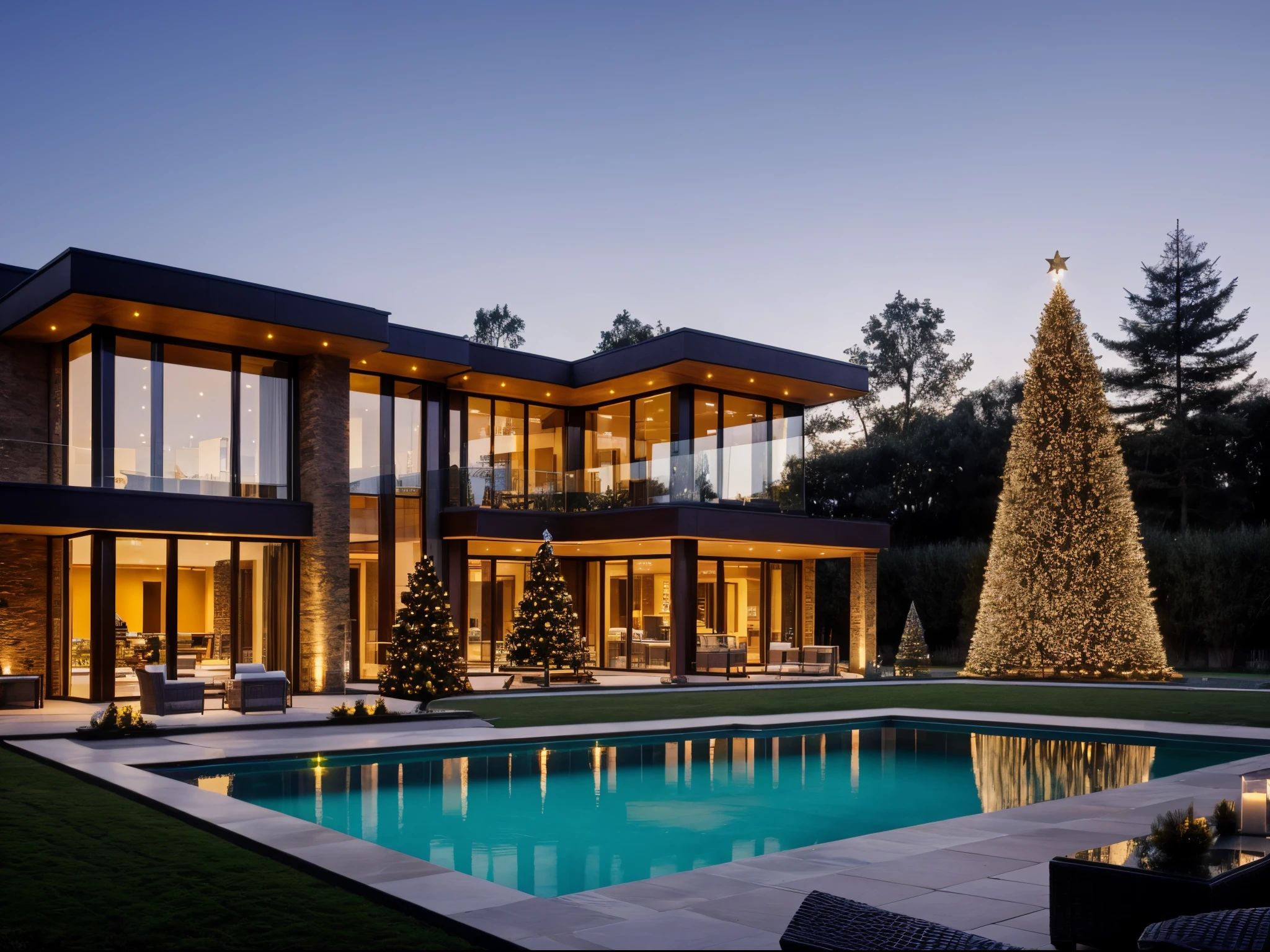 a villa morden, glass window, stone,woodandbrick,POOL, garden, clear line, Christmas, (Christmas tree:1.2),(Christmas decorations), sunset