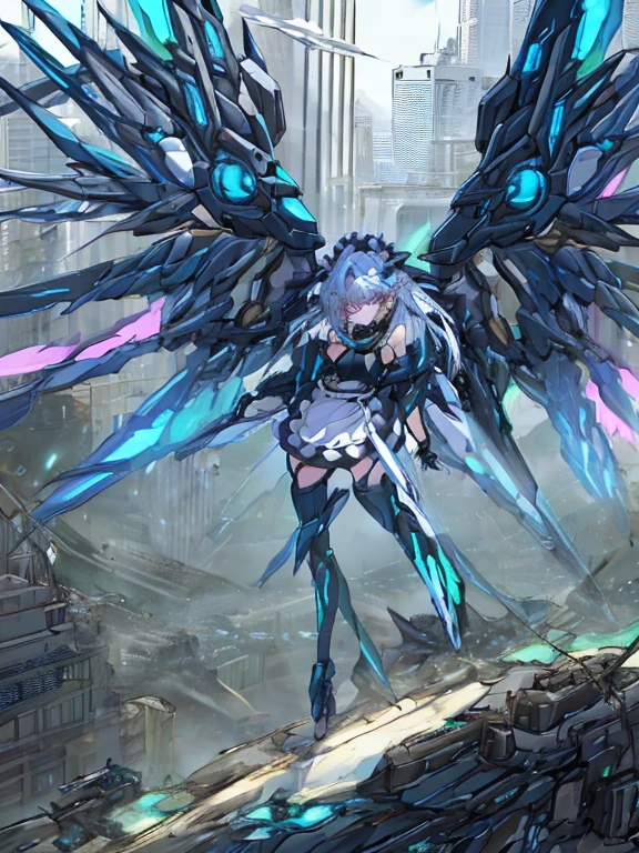 top-quality、ighly detailed、​masterpiece、ultra-detailliert、illustratio、((1girl in))、silber hair、length hair、Floating hair、、Cyber City、Neon building、(The upper part of the body:1.05)、extremely_Detailed_Eyes_And_Face,cybernetic wings mechanical wings、Random posture、Skyscraper、、Mechumusume、shrine maiden clothe,maid clothes、Random angles、anime styled,cowboy  shot