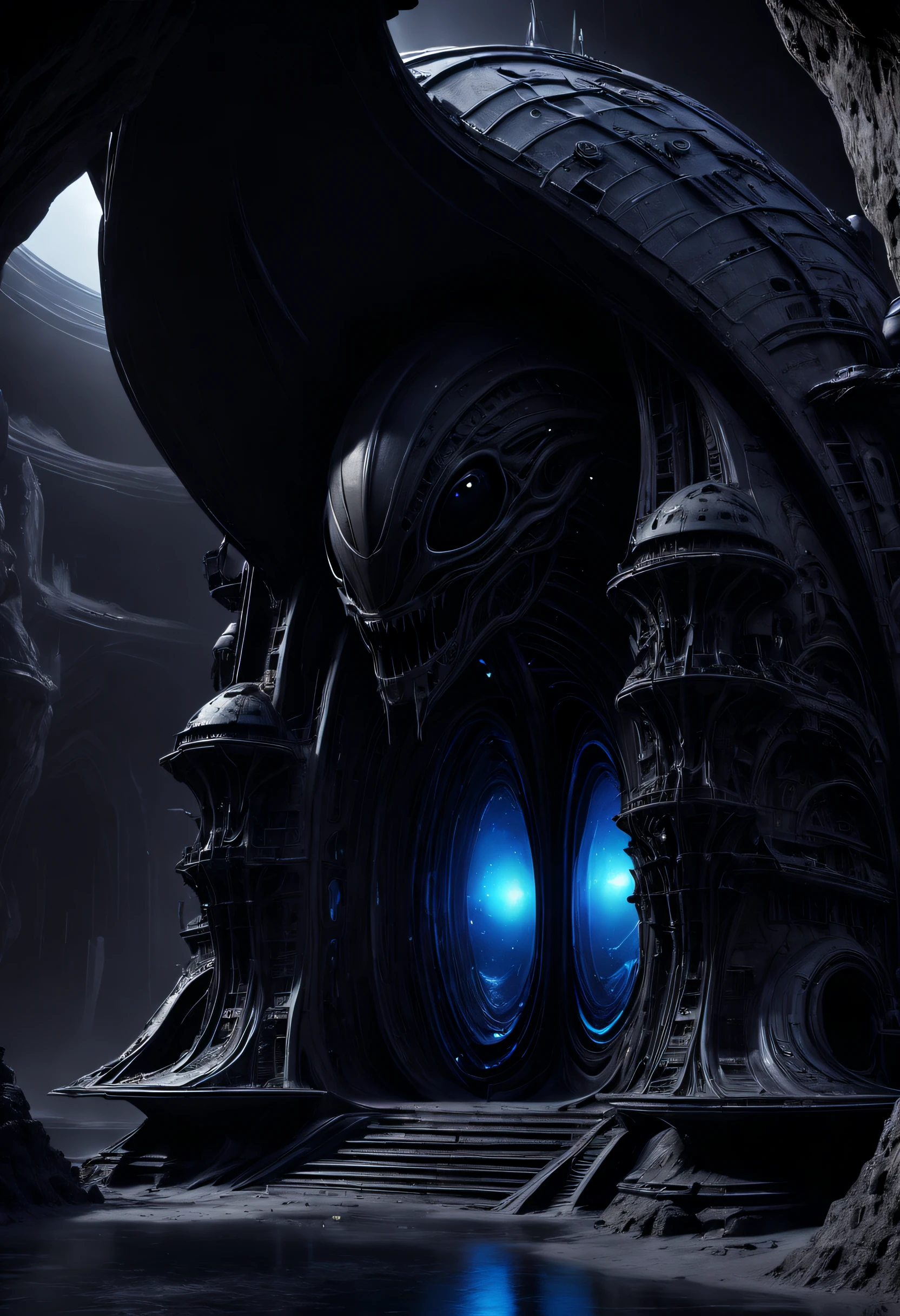 01_Black light, the interior of an epic alien ship, the atmosphere of the movie “Alien”. Bionic forms cover the walls in bas-relief, black artificial material, stone-plastic, and bionics. Sanded, polished, smooth, bas-relief, bionics, cyber-punk. Elements of alien bodies, and the anatomy of alien creatures, adorn the relic bas-reliefs of an alien ship. Black light penetrates forms from the inside. The whole picture embodies the black theme, black glow, antimatter, space - as a symbol of black infinity. 02_Highest quality. Masterpiece. Cinematic image. 3D visualization. Scene recreated by Unreal Engine. The highest quality, details, textures, materials, and, clear shapes (smooth synthetic material, artificial stone, plastic, metal). Black glow from the depths of forms, an alien ship, an alien civilization, alien worlds. Frontal view from the camera, perspective, with watery ceilings, a deep grotto, membrane floor, and fantastic bas-reliefs on the walls (bionics, anatomy, entomological life forms depicted on bizarre bas-reliefs). Black glow is the basis of the whole picture. 03_ Interior lighting, deep shadows, illuminated black bas-relief, bionic geometry, and secret symbolism decorate the walls. High vaulted walls, an alien ship - a highly developed civilization. Warm bright - contrasting light, light cold shadows, clear image of details, texture, decor (high image quality), (Clear high-quality render), (unreal engine), SD quality, 8K. Lucas Arts, cyberpunk, S.R. Giger "Alien".