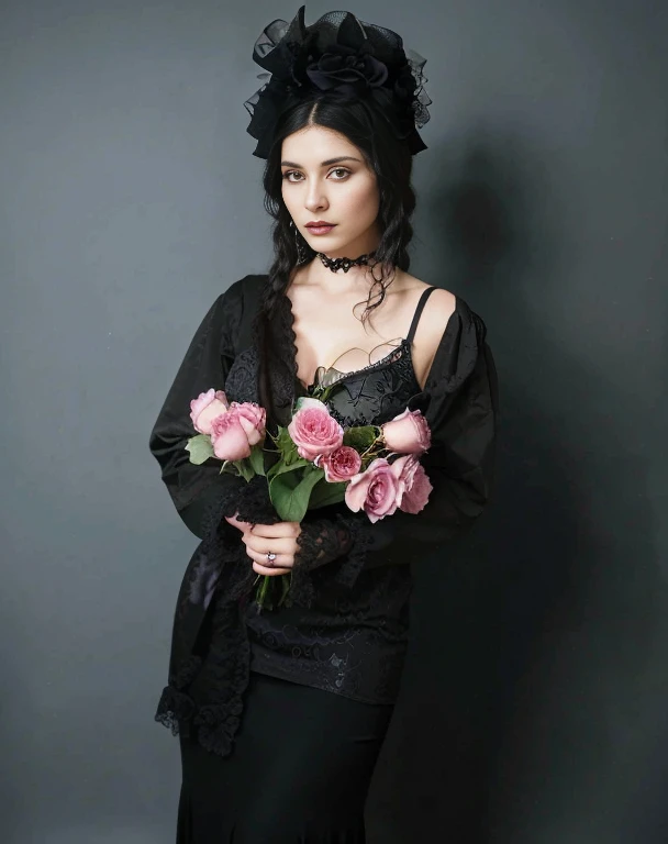 there a woman in a black top holding a bouquet of flowers, con flores, ella la reina de las rosas negras, very beautiful goth top model, Foto promocional, goth woman, mona lisa as a goth girl, pale goth beauty, Gloomy style, Gothic chic, flores en su cabello oscuro, gothic style, photo from a promotional session