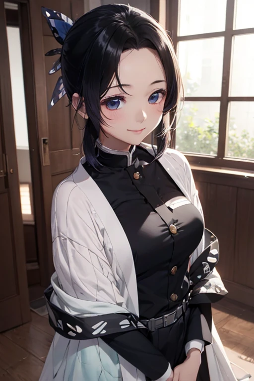 One girl、top-quality、ultra-detailliert、masuter piece、Raw photo、finely detail、hight resolution、wearing a suit、No skin exposure、inside the house、shiny black hair、soft smiling、Eyes staring at a loved one、arms around waist、