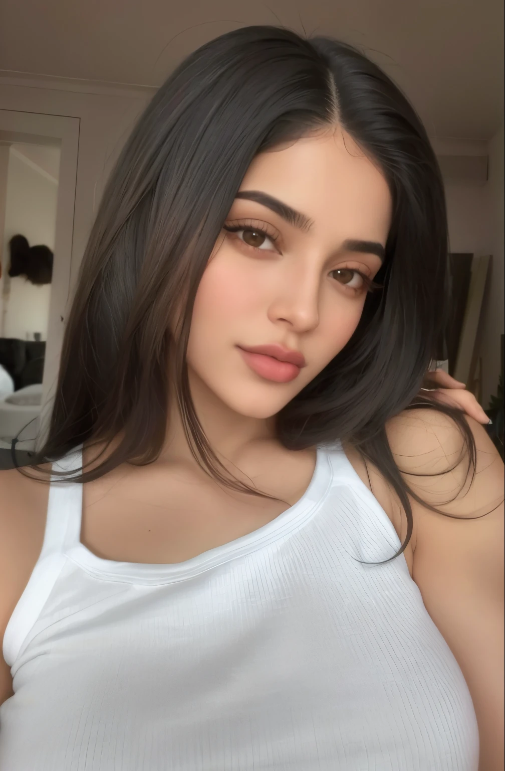 um close de uma mulher com longos cabelos pretos vestindo uma blusa branca, Kylie Jenner, lindo rosto latino, sem maquiagem, Violeta Myers, flawless olive skin, mulher mais bonita da terra, Ela tem pele marrom oliva, imagem vazada, Modelo do Instagram, Cara Sexy, impeccable face, Ela tem cabelo preto com franja, julia fuentes, Cerveja Madison, cor da pele da azeitona