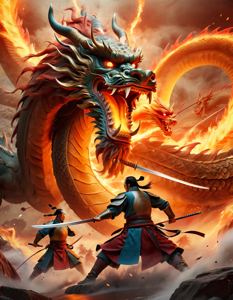 (top-quality, 8K, ?masterpiece:1.3) An intense scene depicting brave Chinese warriors engaged in a fierce battle against a colossal and traditional Chinese dragon, the clash of swords and the dragon's fiery breath captured in a dynamic digital art style, highly detailed, with dramatic lighting illuminating the epic confrontation.