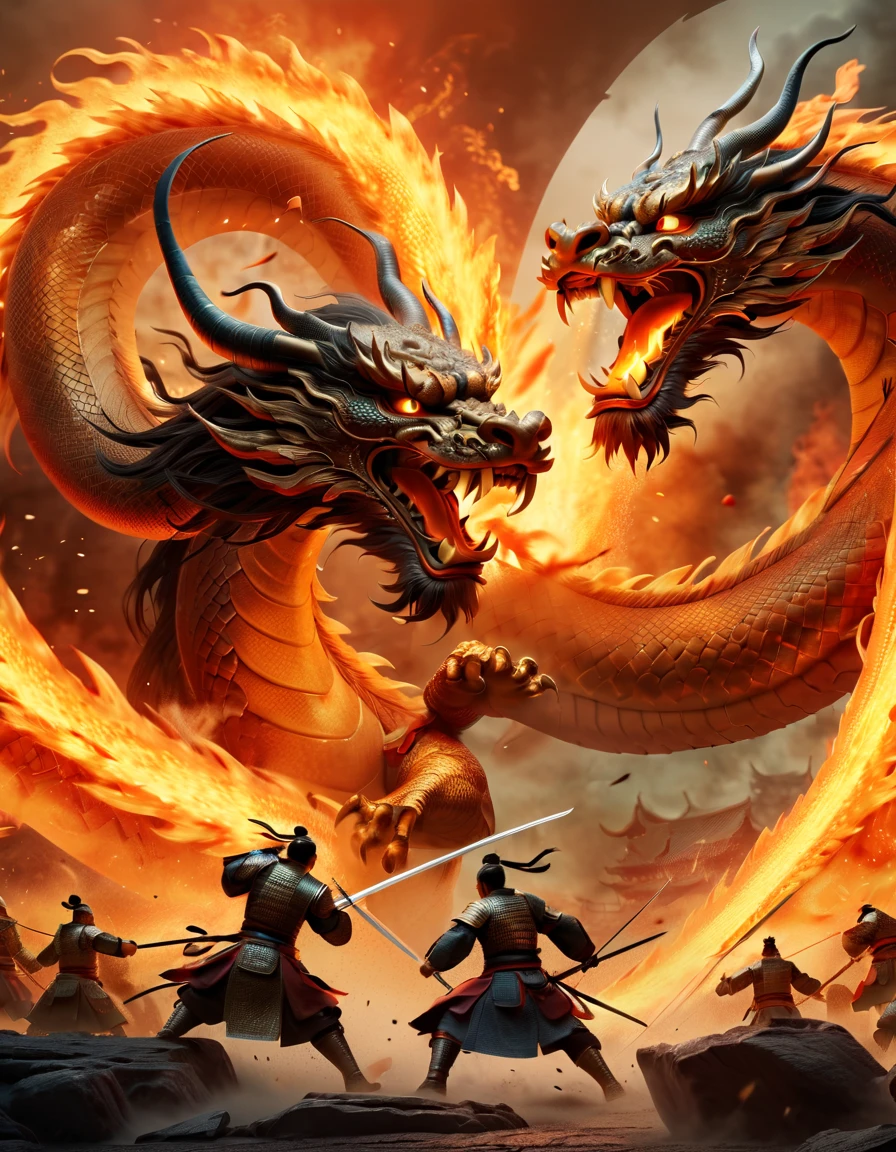 (top-quality, 8K, ?masterpiece:1.3) An intense scene depicting brave Chinese warriors engaged in a fierce battle against a colossal and traditional Chinese dragon, the clash of swords and the dragon's fiery breath captured in a dynamic digital art style, highly detailed, with dramatic lighting illuminating the epic confrontation.