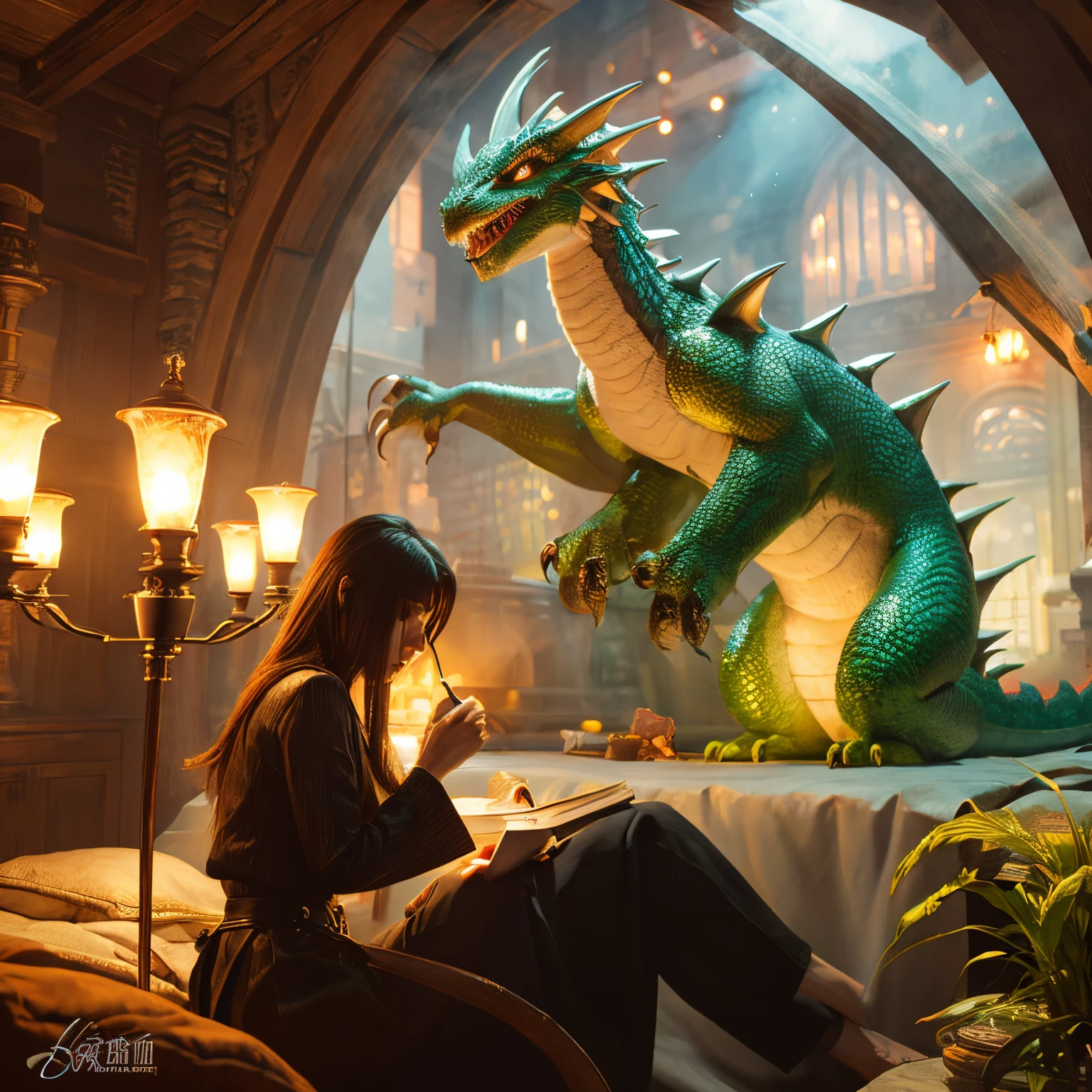 A friendly goblin sitting with a small dragon and a small phoenix, all looking comfortable and at ease with each other.
BREAK
The goblin is wearing a colorful, mismatched outfit with an oversized hat and scarf, the dragon has a shimmering, iridescent scales, and the phoenix has vibrant, fiery plumage.
BREAK
The three creatures are seated together, relaxed and enjoying each other's company, with a warm, friendly expression on their faces.
BREAK
The scene takes place in a cozy, whimsical environment, perhaps a magical forest or a cozy cottage, with elements of nature and fantasy surrounding them.