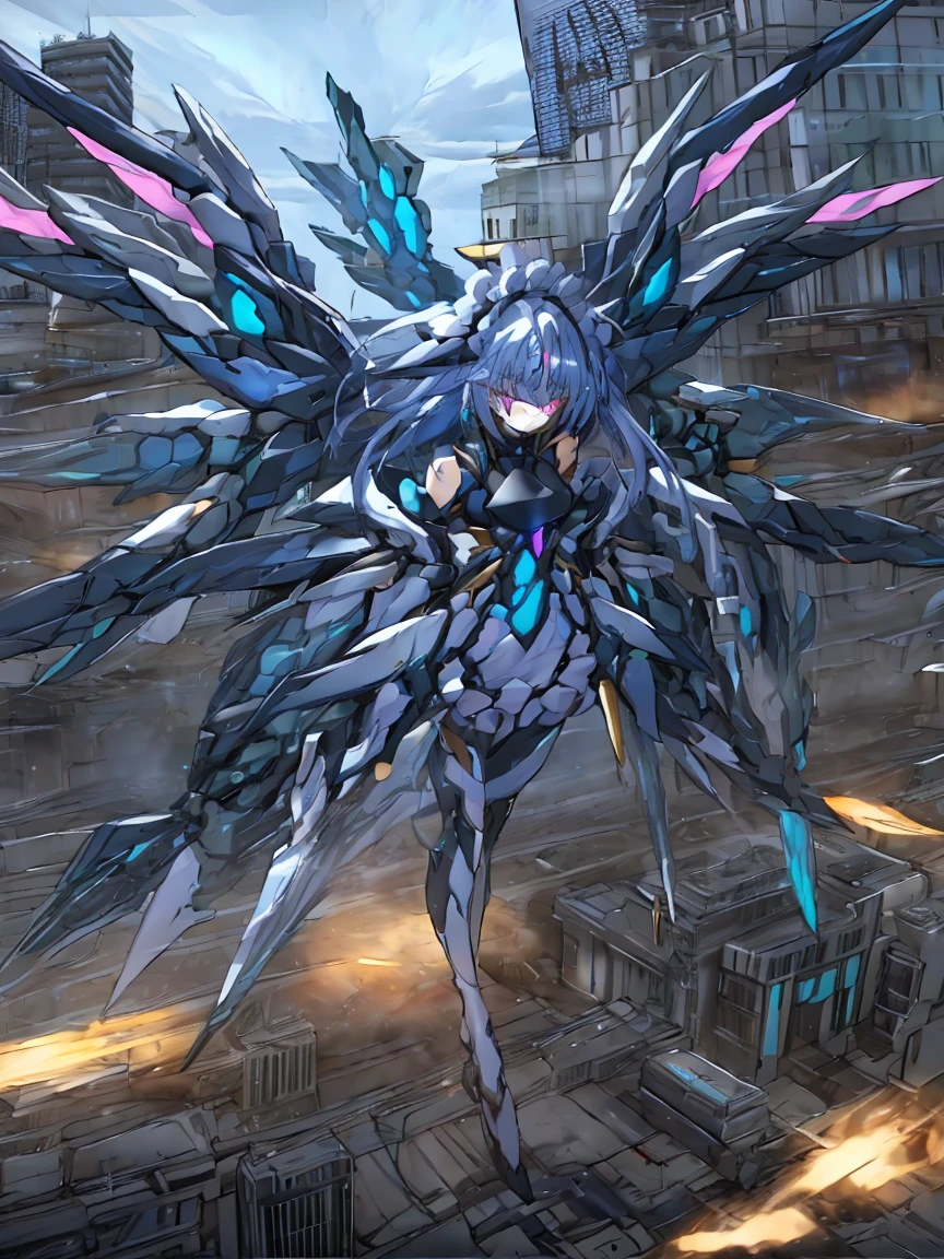 top-quality、ighly detailed、​masterpiece、ultra-detailliert、illustratio、((1girl in))、silber hair、length hair、Floating hair、、Cyber City、Neon building、(The upper part of the body:1.05)、extremely_Detailed_Eyes_And_Face,cybernetic wings mechanical wings、Random posture、Skyscraper、、Mechumusume、shrine maiden clothe,maid clothes、Random angles、anime styled,cowboy  shot